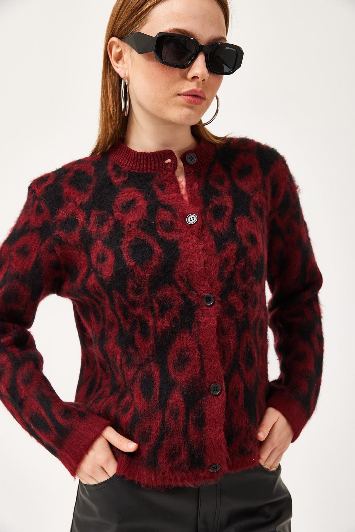 Leopar Desen Sakallı Triko Kısa Hırka Bordo