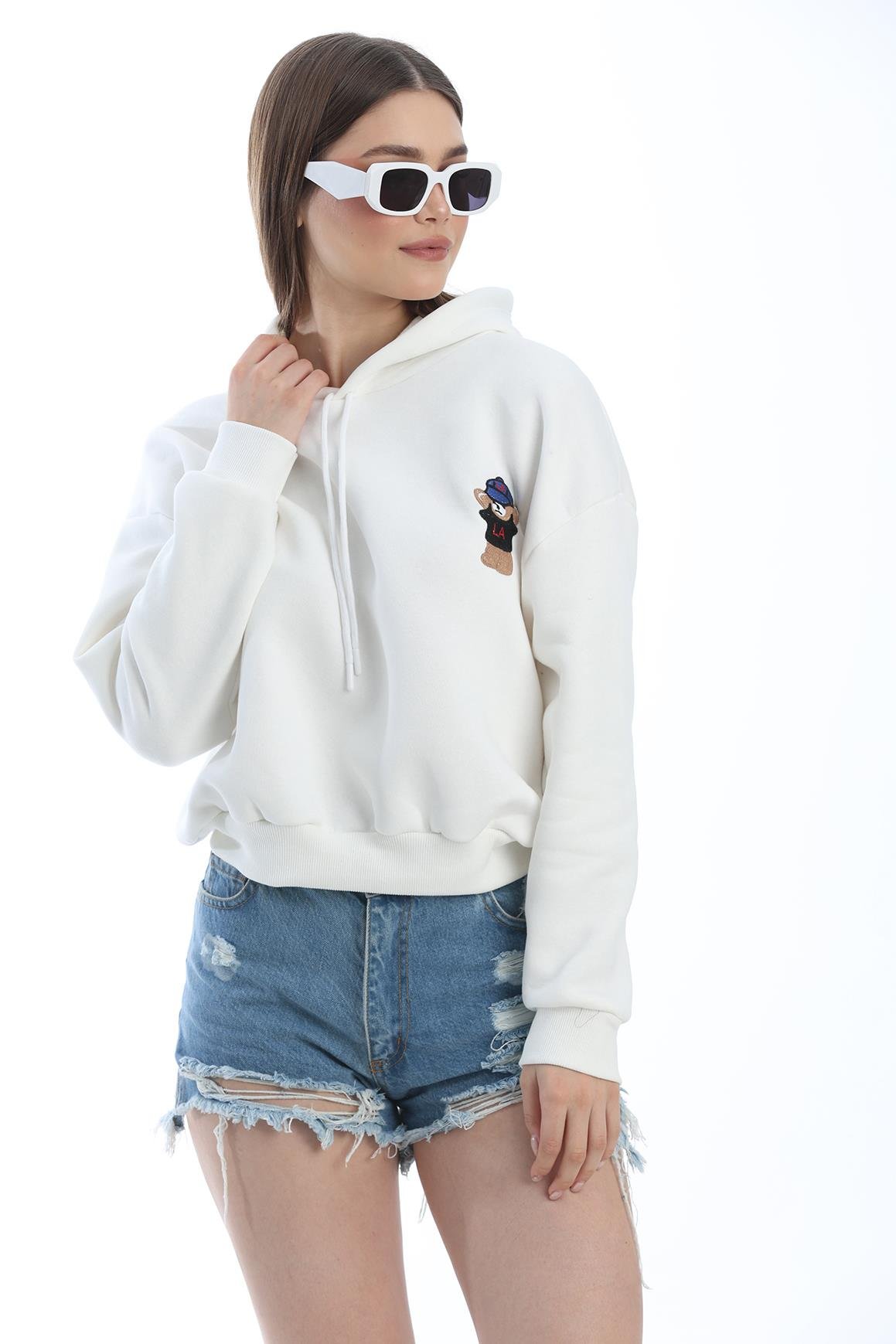 Nakışlı Kapüşonlu Oversize Sweatshirt Beyaz