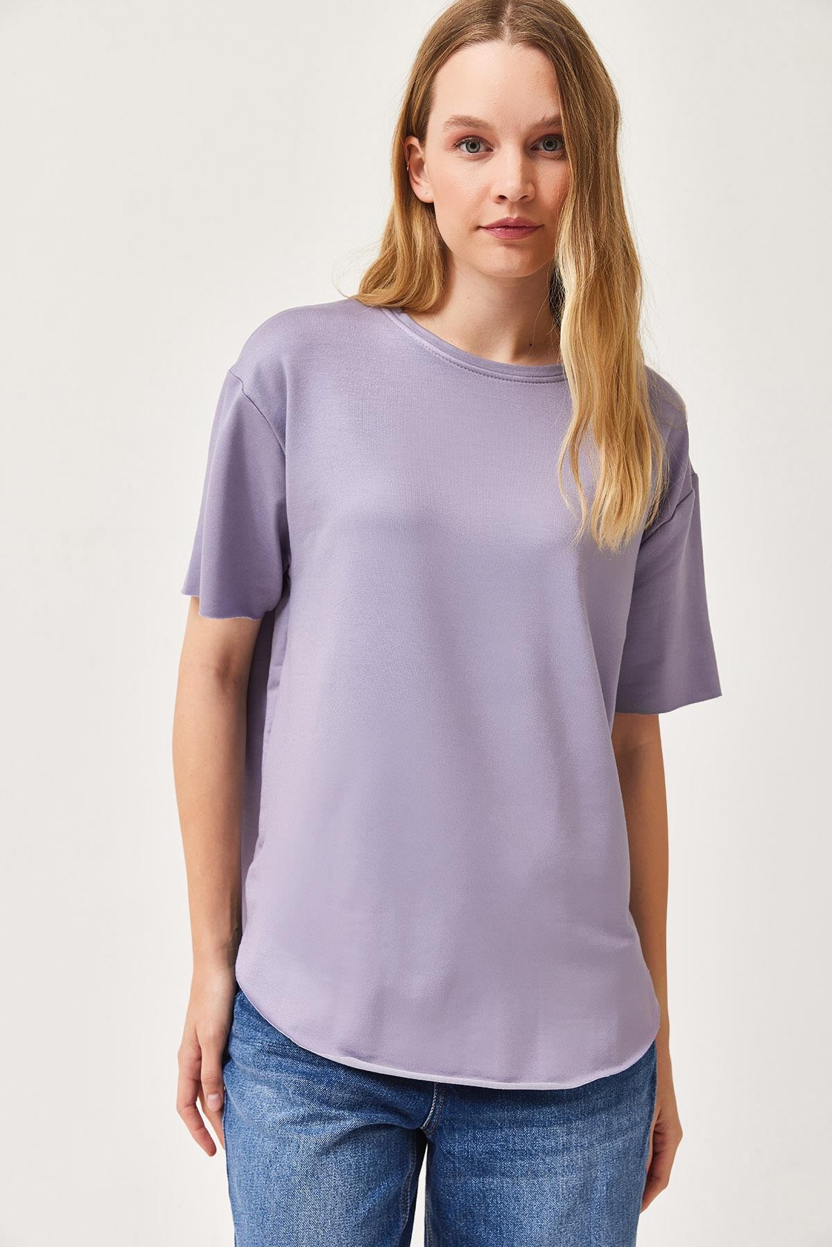 Oysh Yumuşak Dokulu Eteği Oval Modal Tshirt Lila