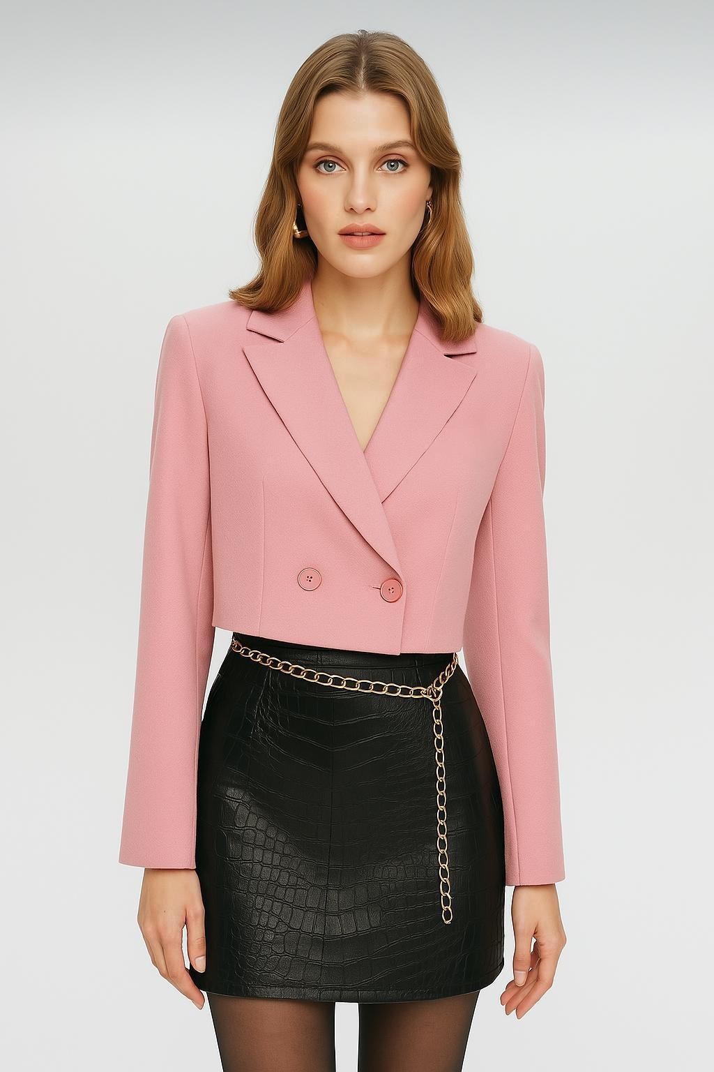 Pembe Kruvaze Crop Blazer Ceket