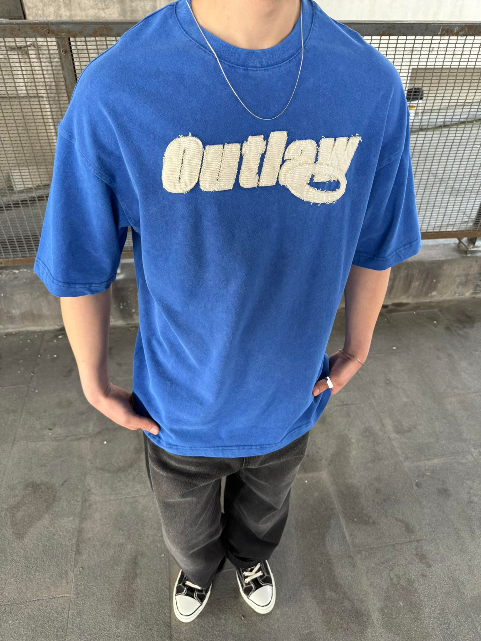 Outlaw Yıkamalı Oversize T-Shirt - Mavi