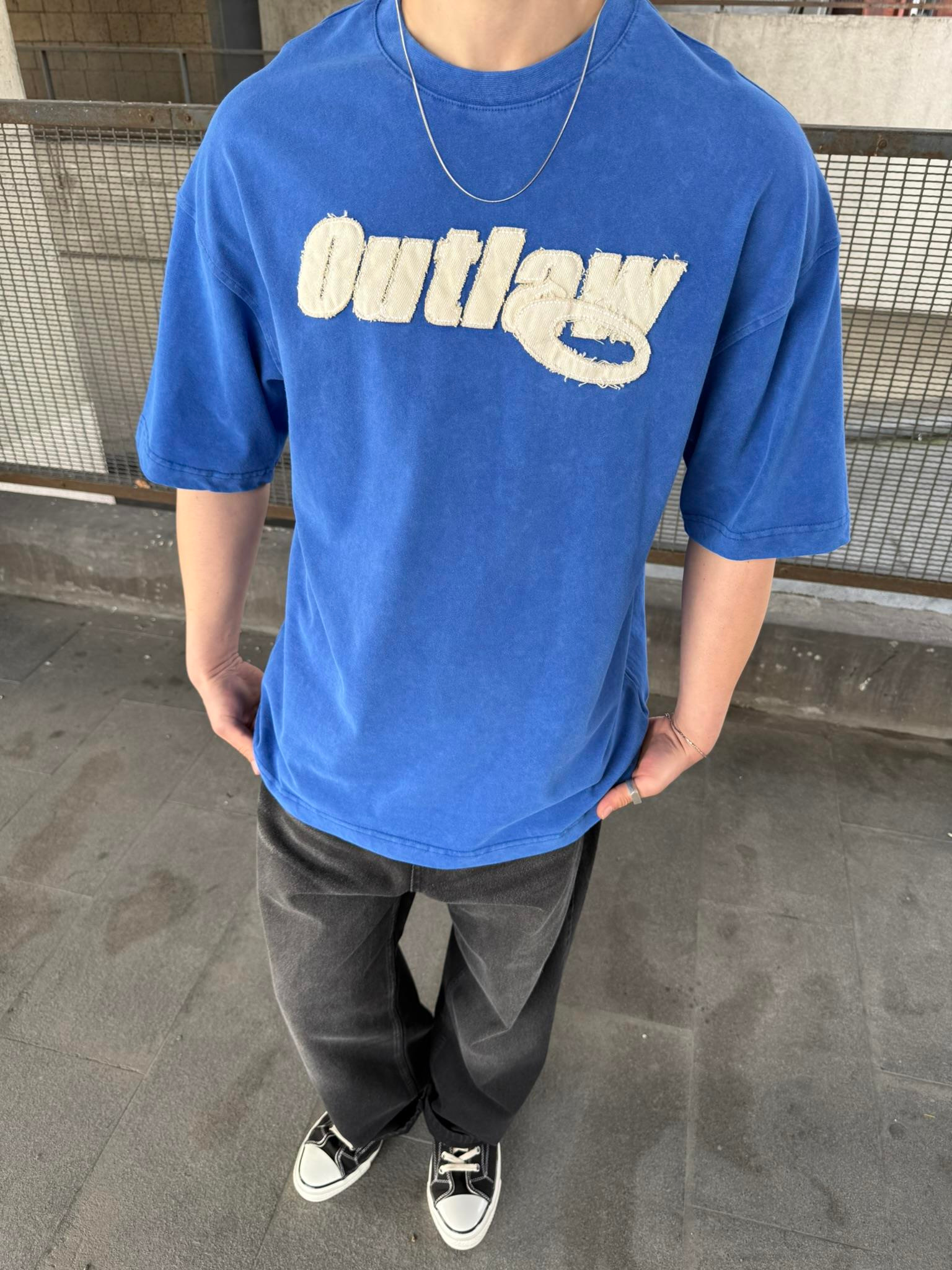 Outlaw Yıkamalı Oversize T-Shirt - Mavi