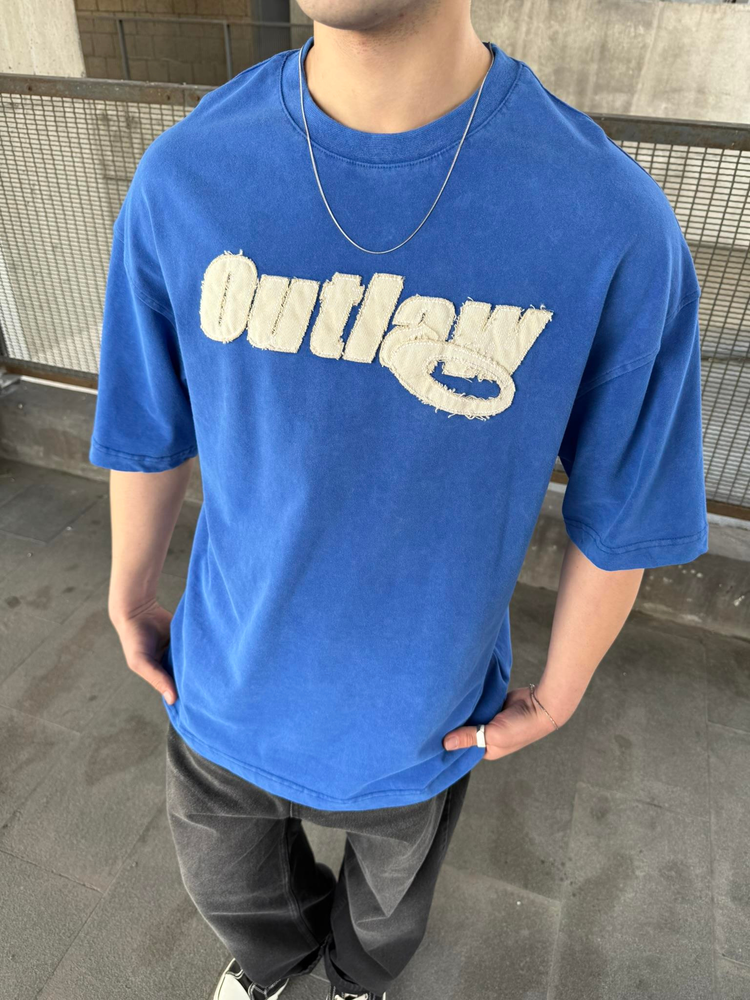 Outlaw Yıkamalı Oversize T-Shirt - Mavi