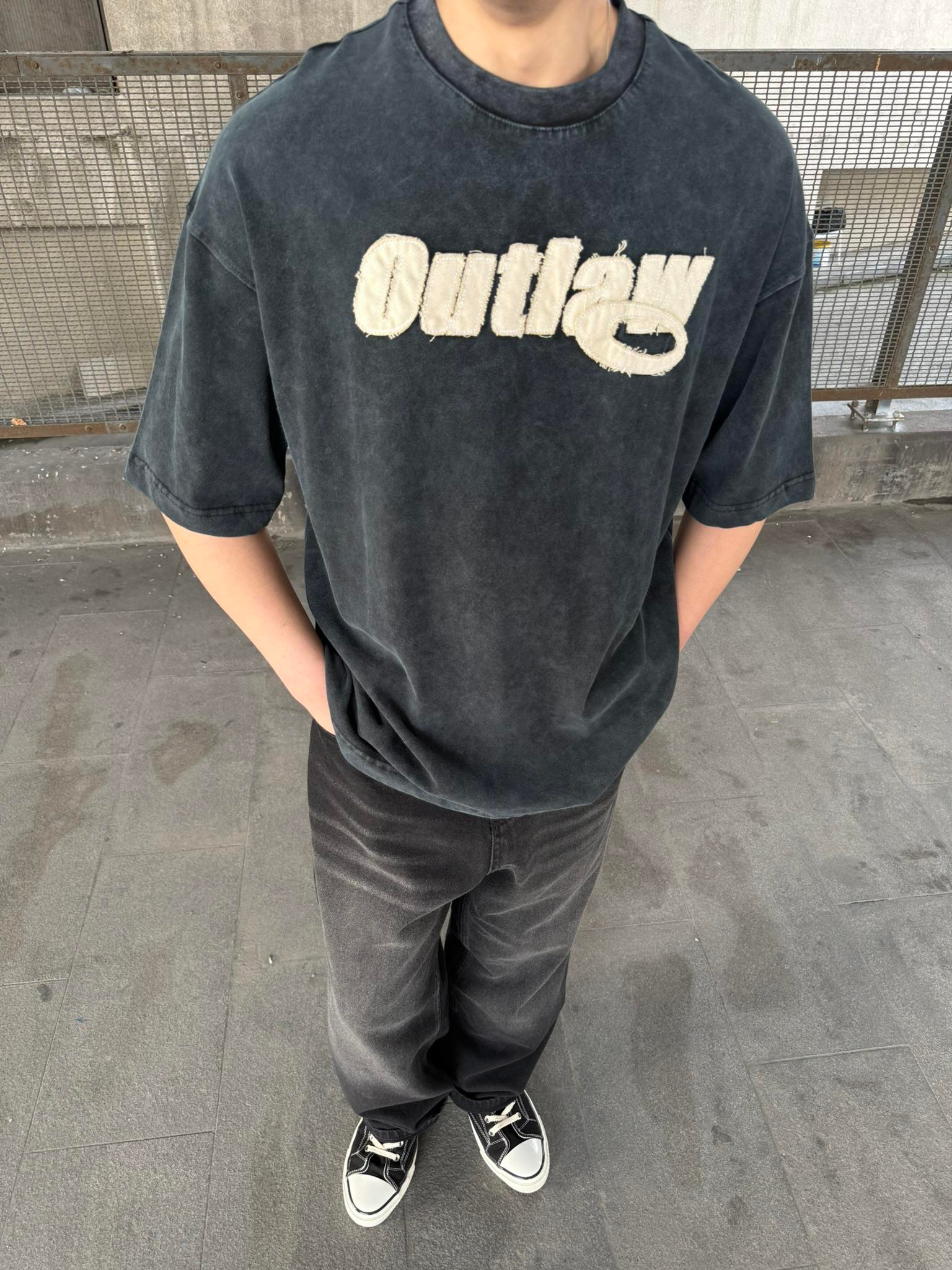 Outlaw Yıkamalı Oversize T-Shirt - Siyah