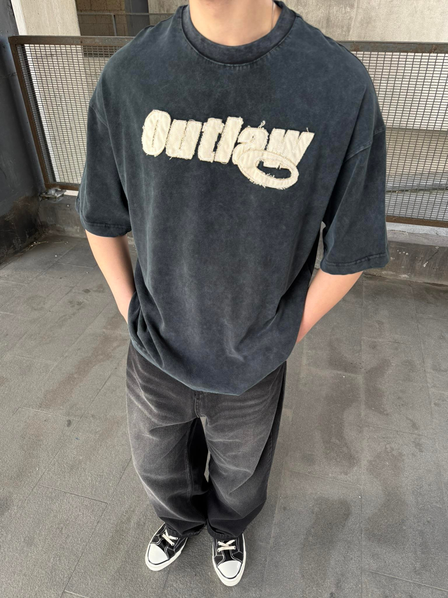Outlaw Yıkamalı Oversize T-Shirt - Siyah