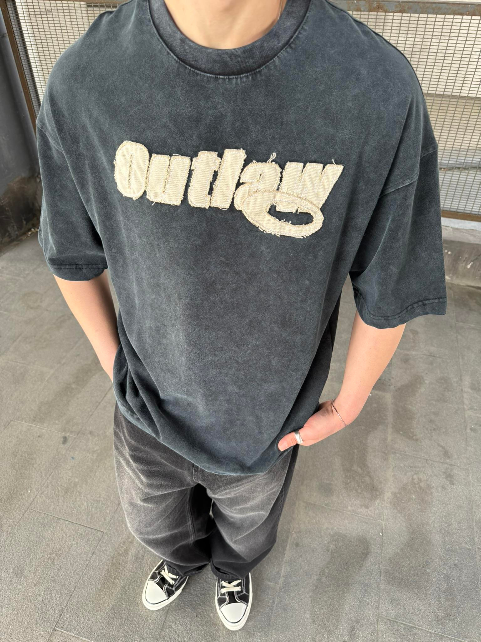 Outlaw Yıkamalı Oversize T-Shirt - Siyah