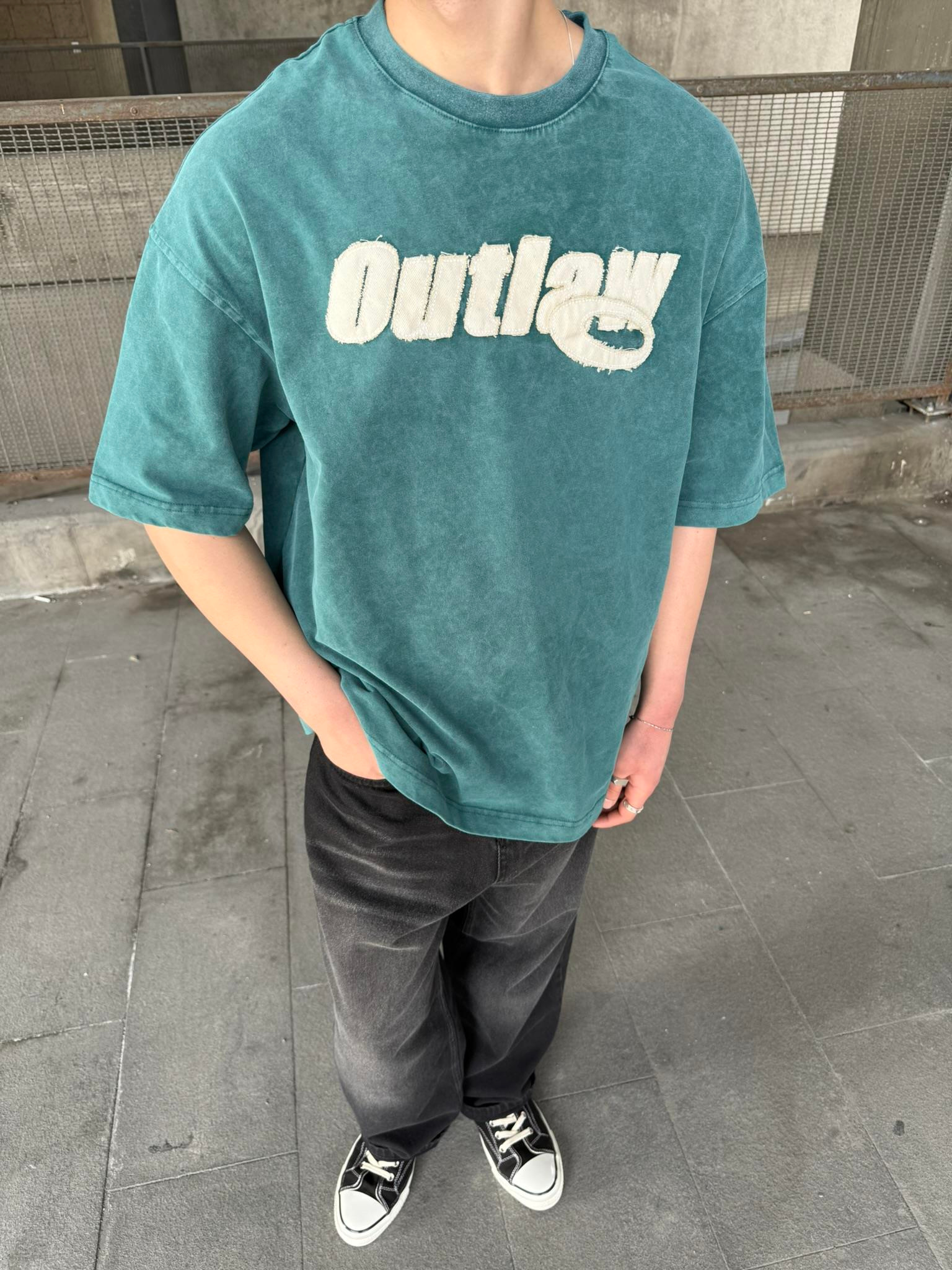 Outlaw Yıkamalı Oversize T-Shirt - Yeşil