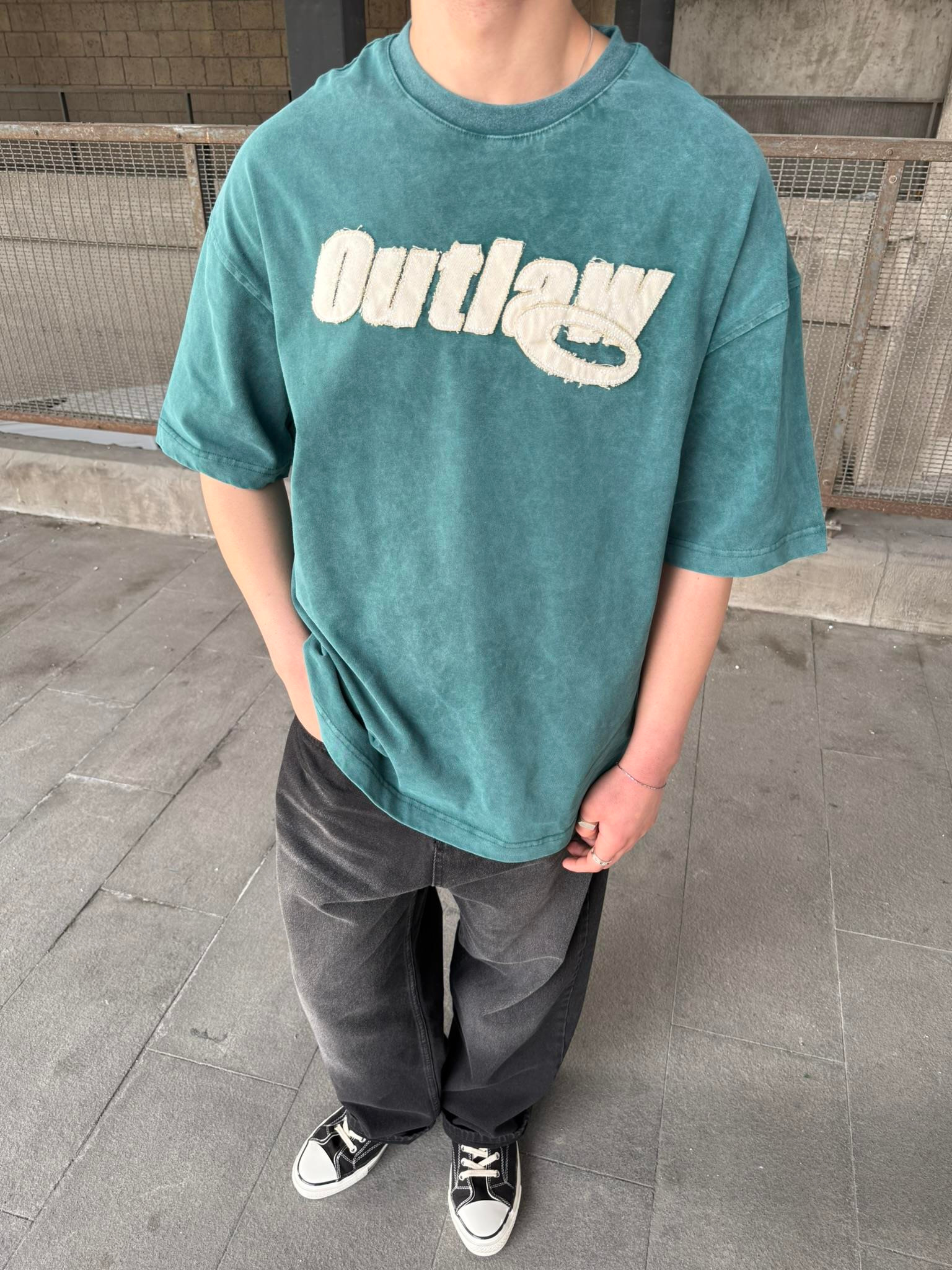 Outlaw Yıkamalı Oversize T-Shirt - Yeşil