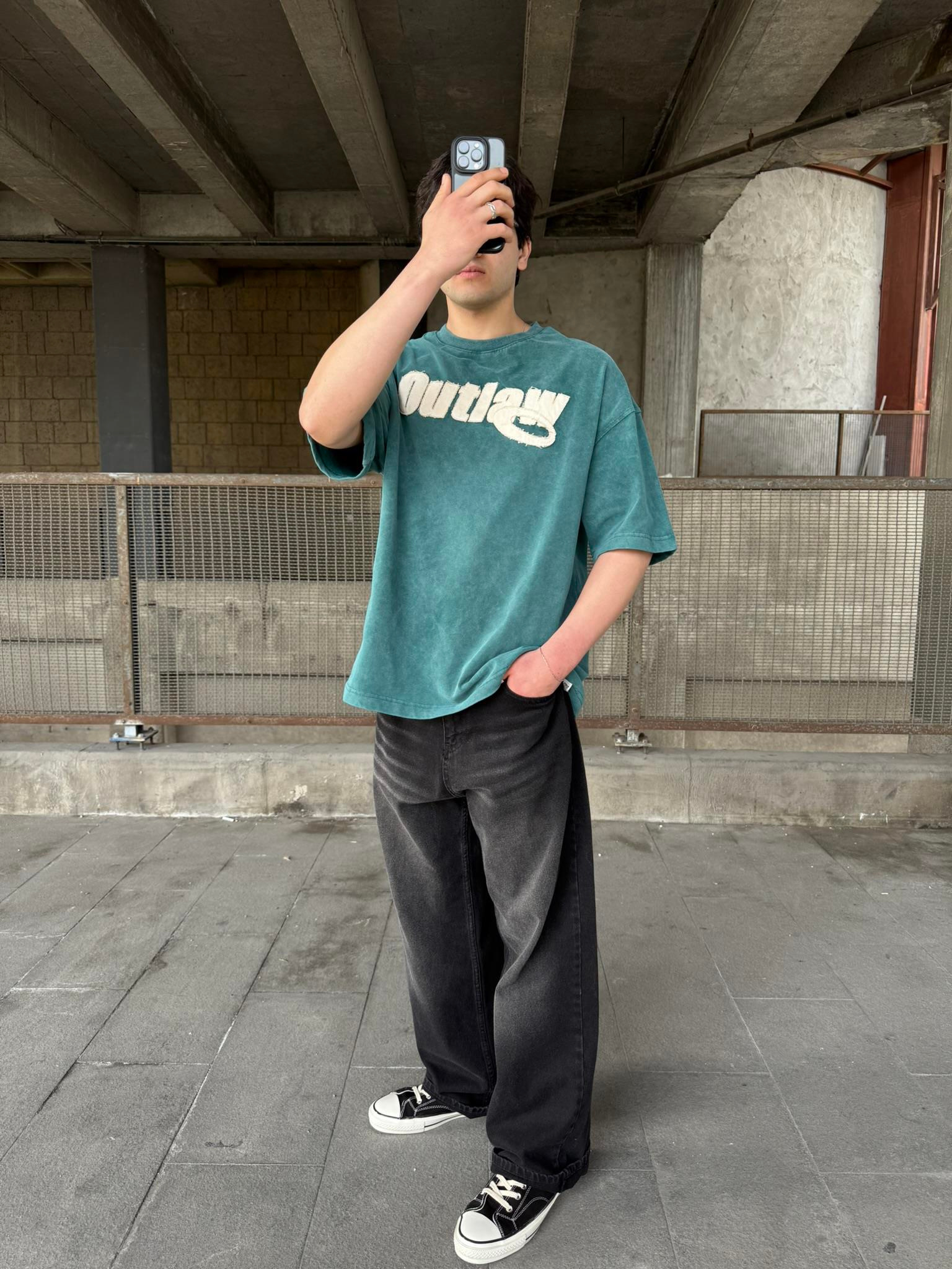 Outlaw Yıkamalı Oversize T-Shirt - Yeşil