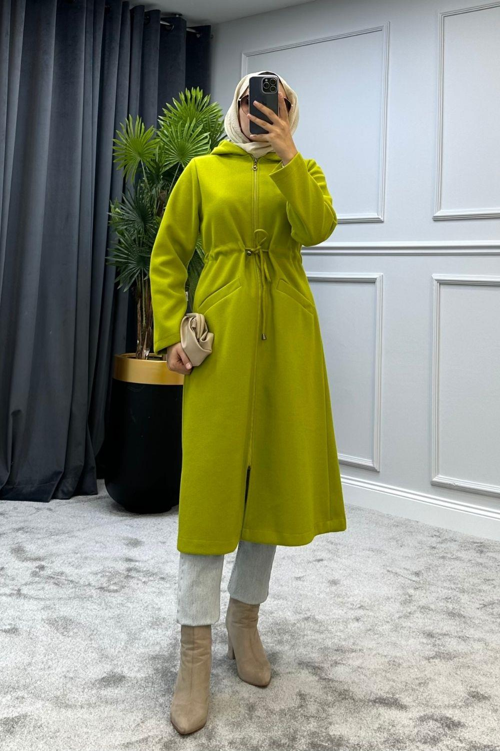 Beli Büzgülü Kaban Yağ Yeşili – Şule Giyim | Tesettür Giyim