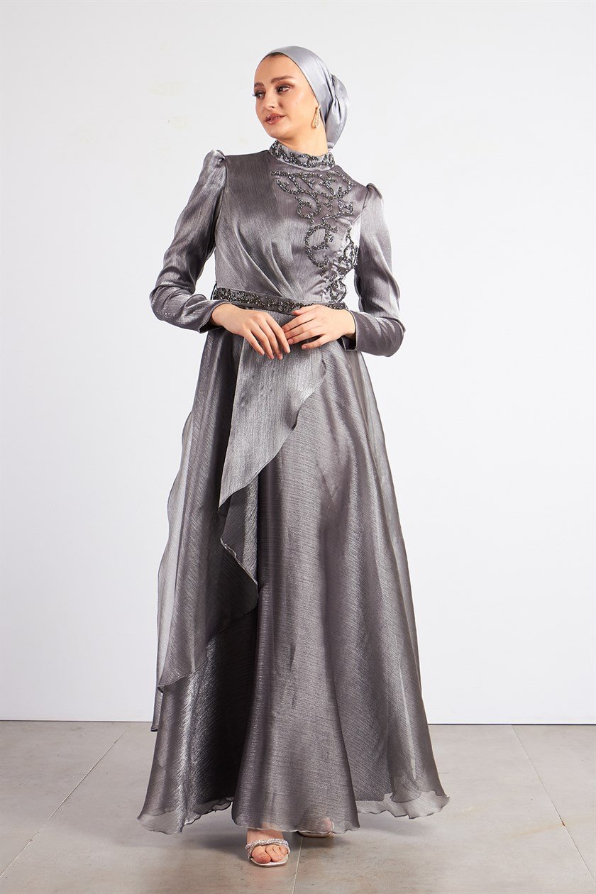 Gri Reyhan Tesettür Abiye Elbise Modelleri ve İndirimli Fiyatları