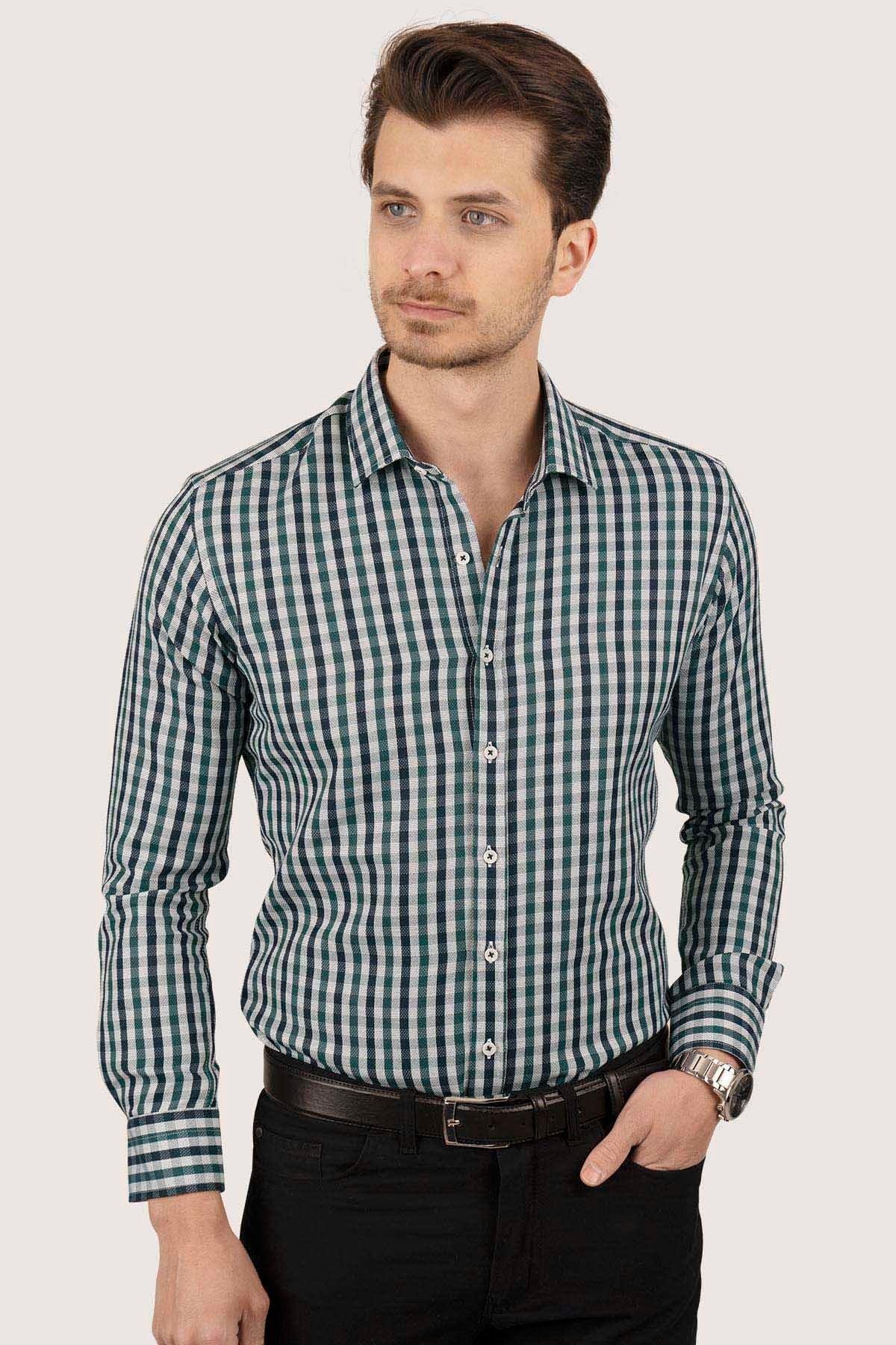 Yeşil Lacivert Kareli Slimfit Erkek Gömlek