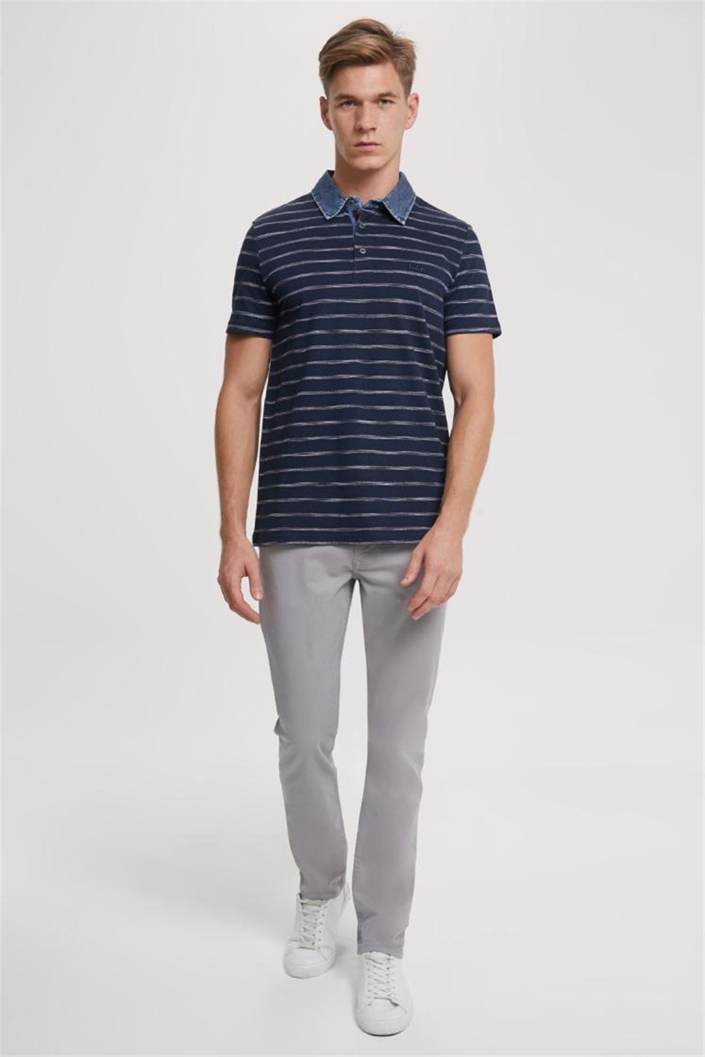 Matty Erkek Denim Yaka Çizgili T-Shirt Lacivert