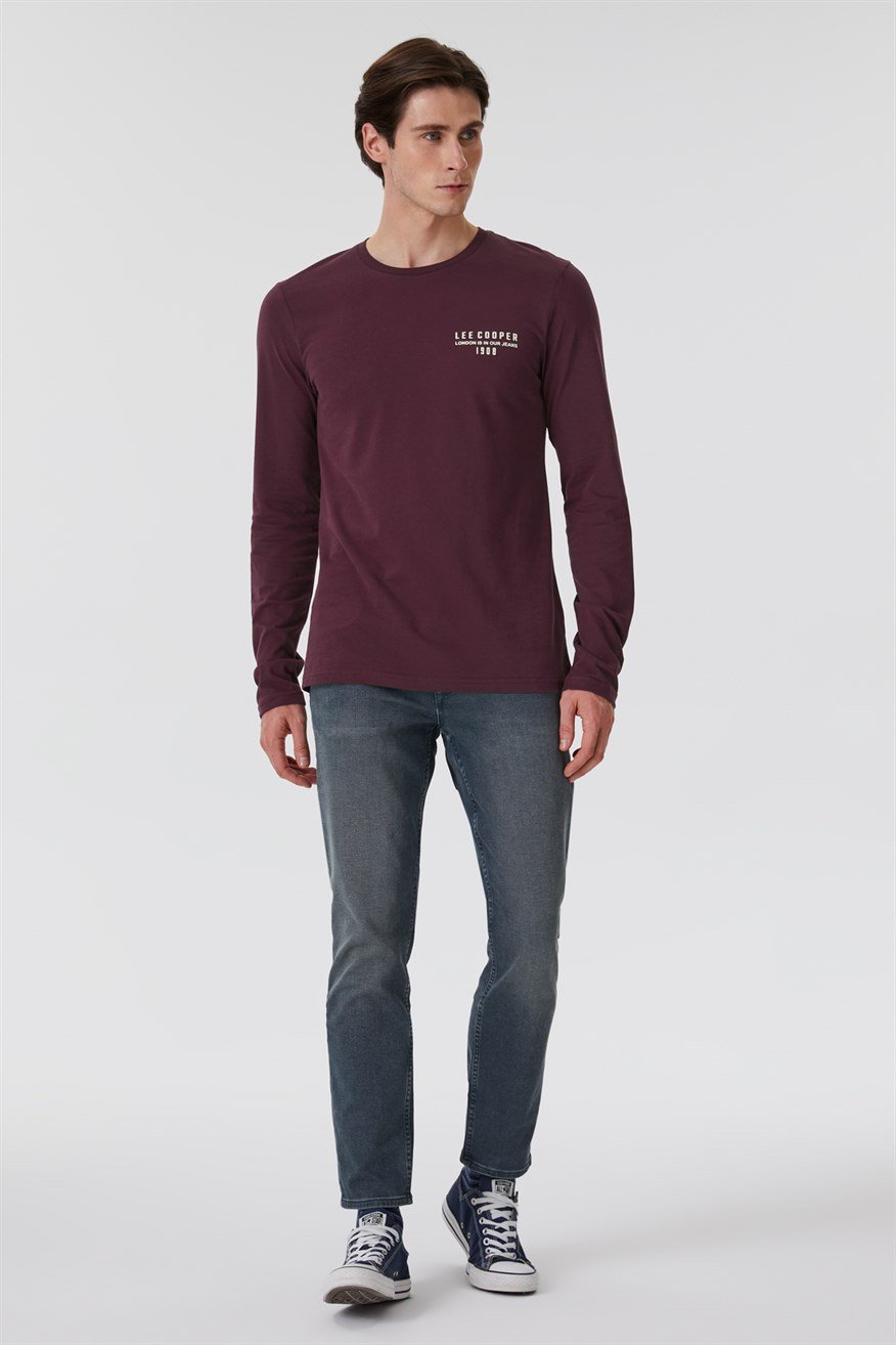 Renzo Erkek %100 Pamuk O Yaka Uzun Kol T-Shirt Bordo