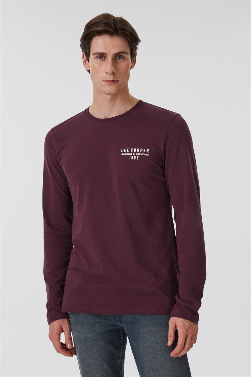 Renzo Erkek %100 Pamuk O Yaka Uzun Kol T-Shirt Bordo
