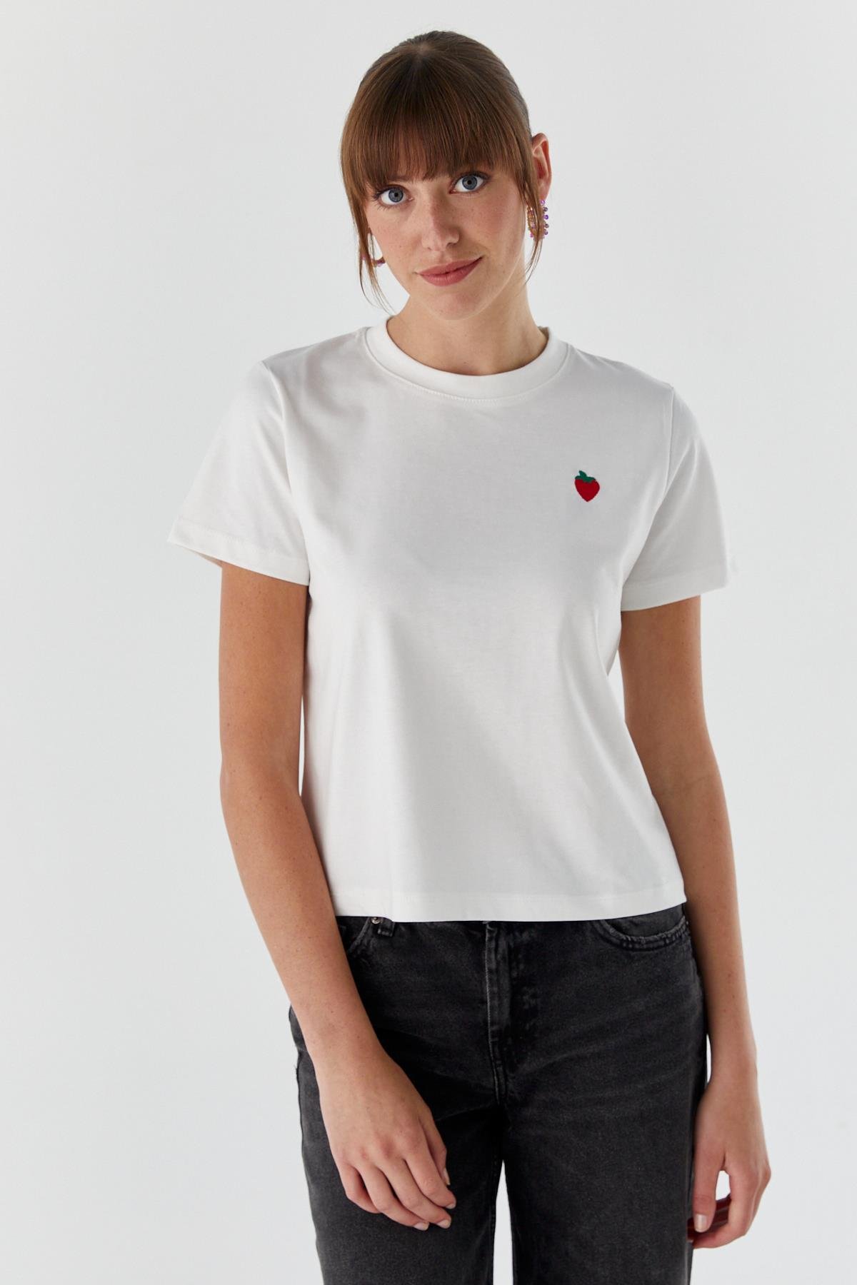 Çilek Baskılı Tshirt EKRU