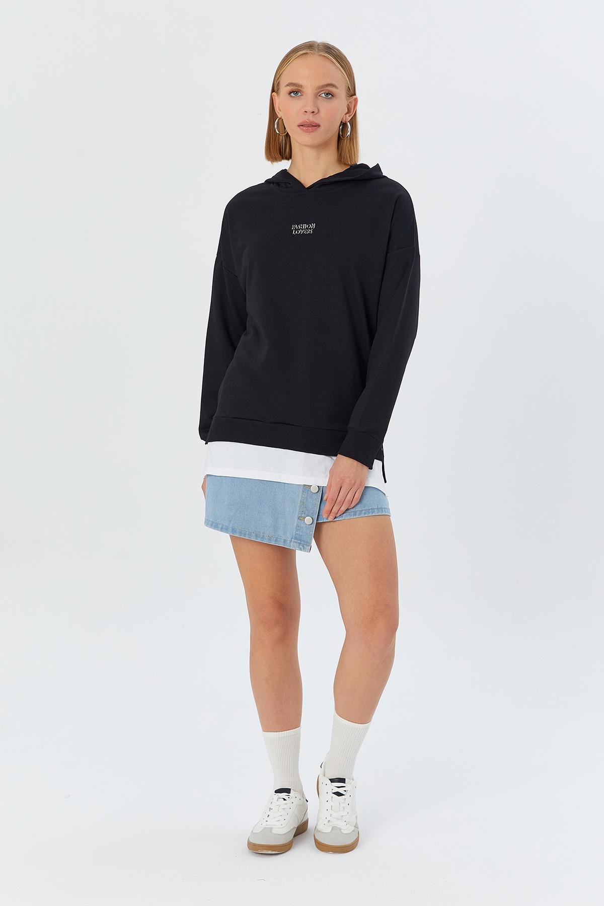 Kapüşonlu Kendinden İçlikli Sweatshirt SIYAH
