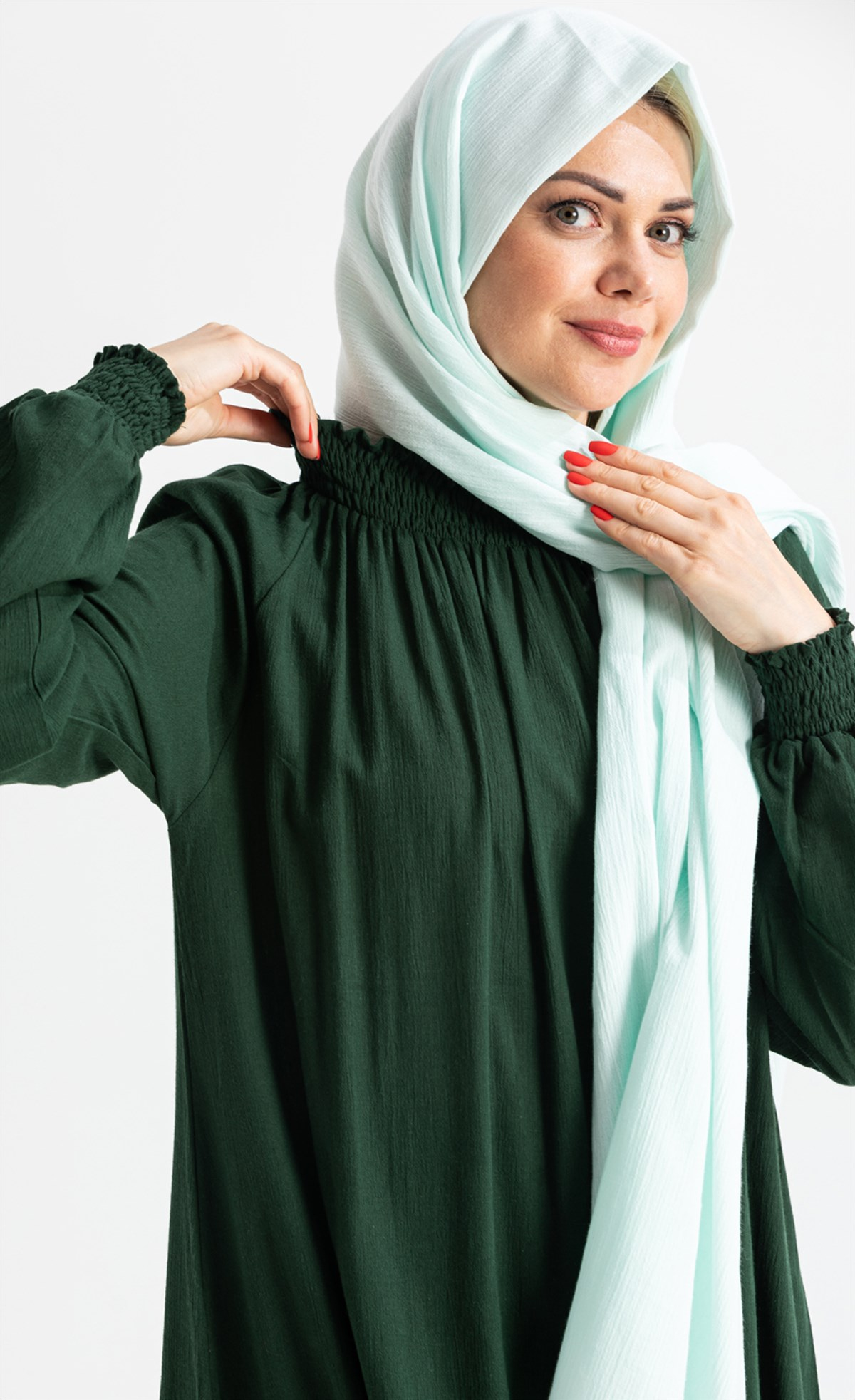 Kadın Şile Bezi Pamuk Namaz Elbisesi Tek Parça Kolay Boydan Giyilen Kolu ve  Yakası Lastikli Yeşil