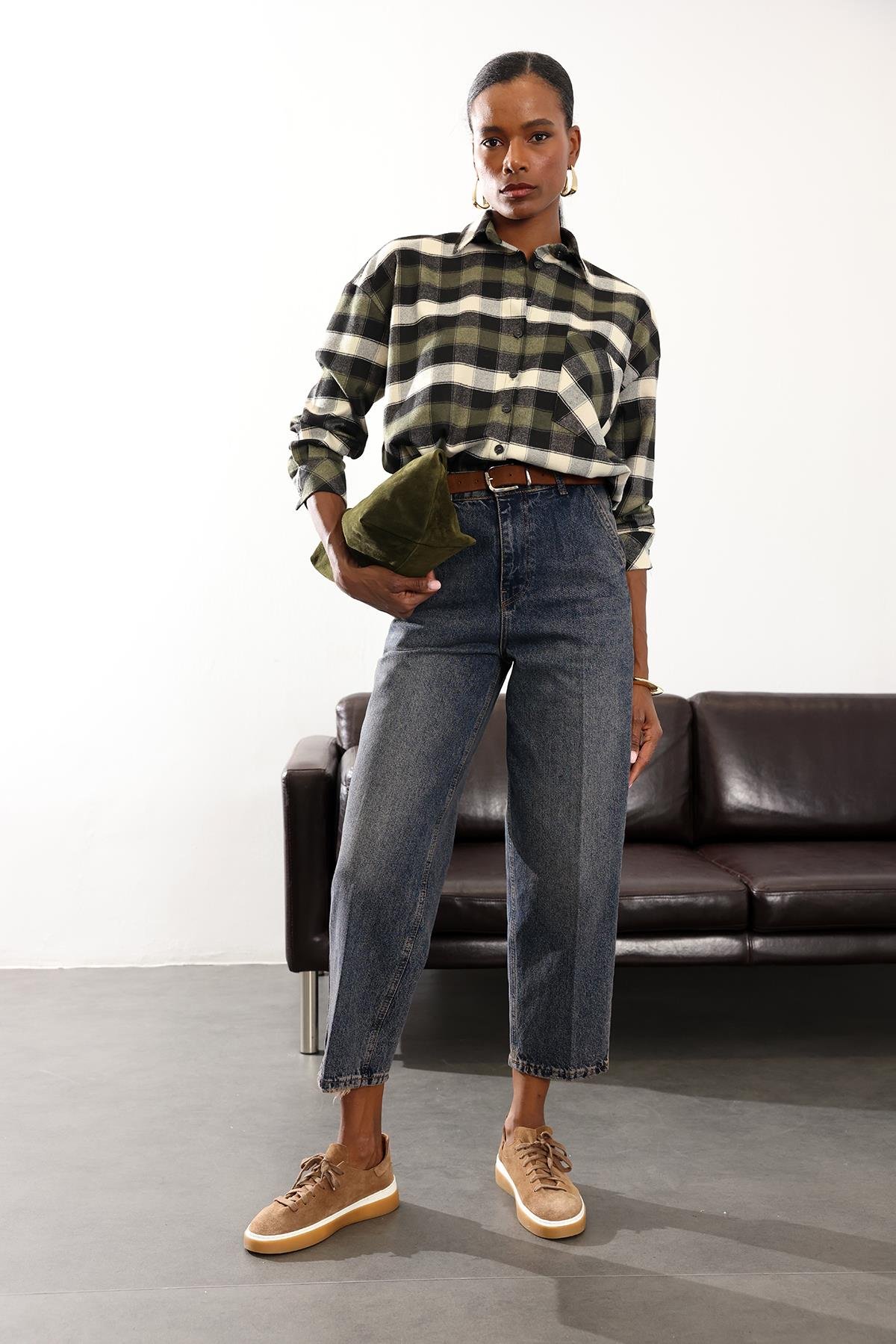 Yıkamalı Mavi Yüksek Bel Baggy Jean RM3004