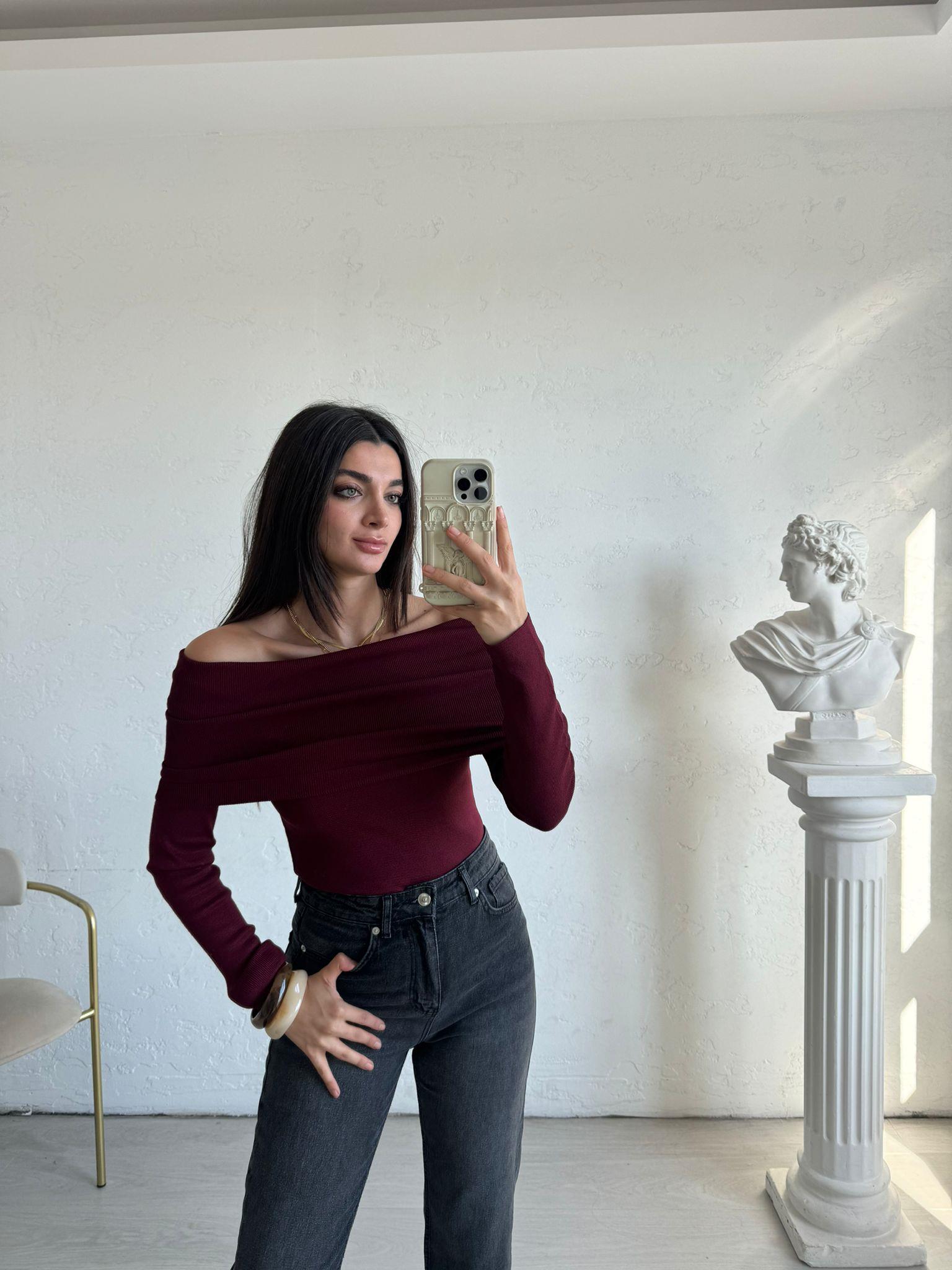 Bordo Madonna Yaka Triko Bluz