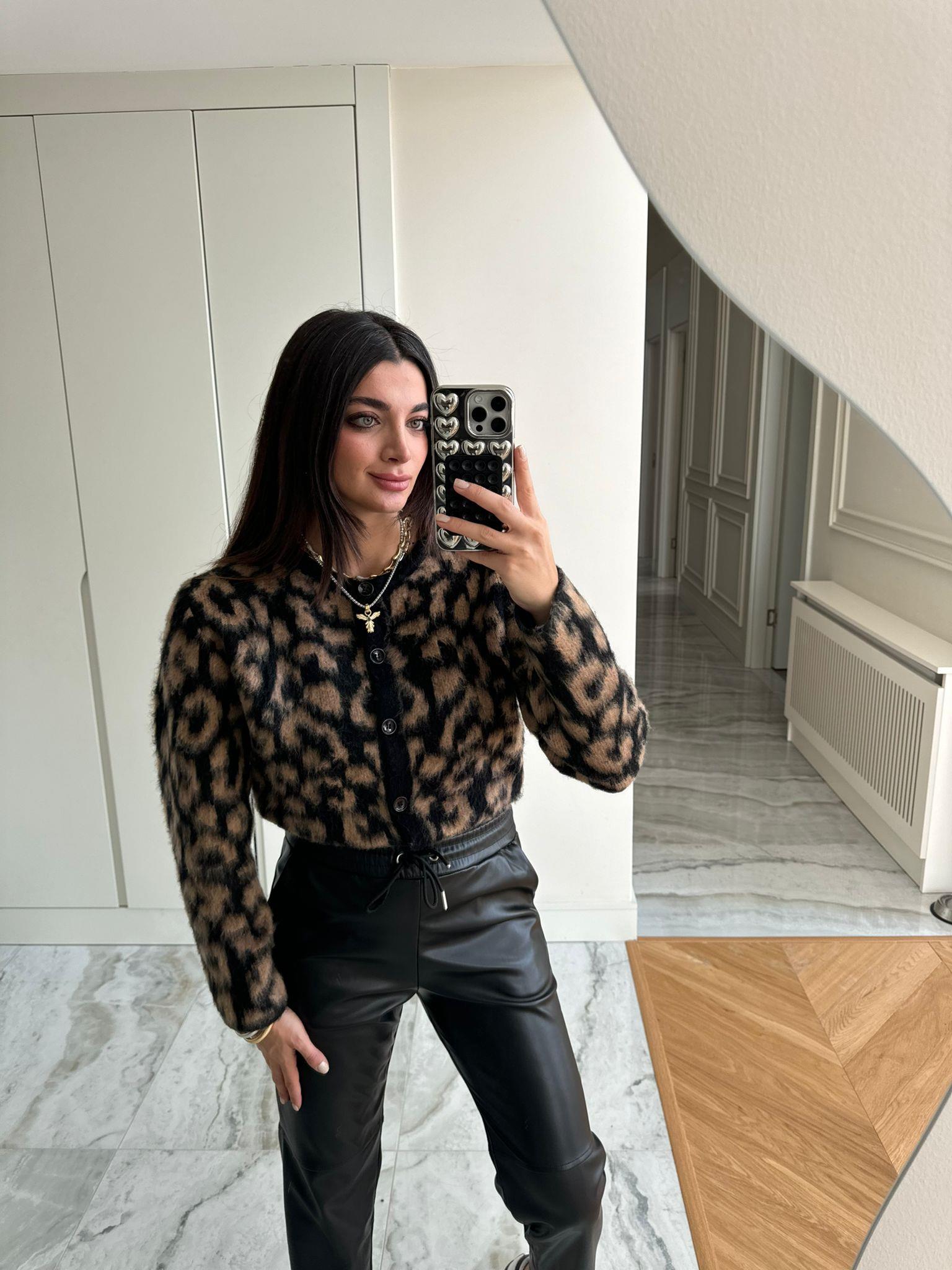 Camel Leopar Desenli Lotus Hırka