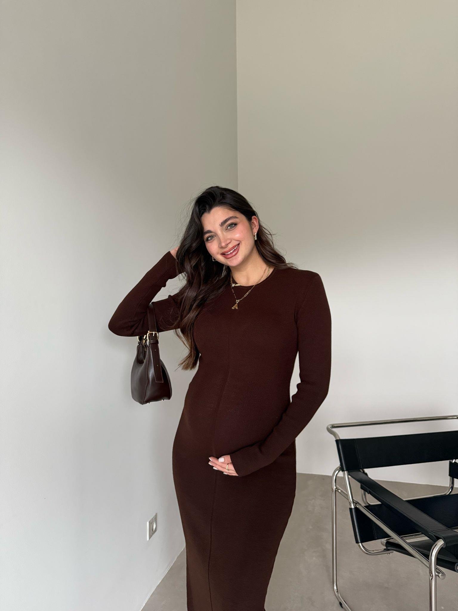 Kahve Bisiklet Yaka Basic Triko Elbise