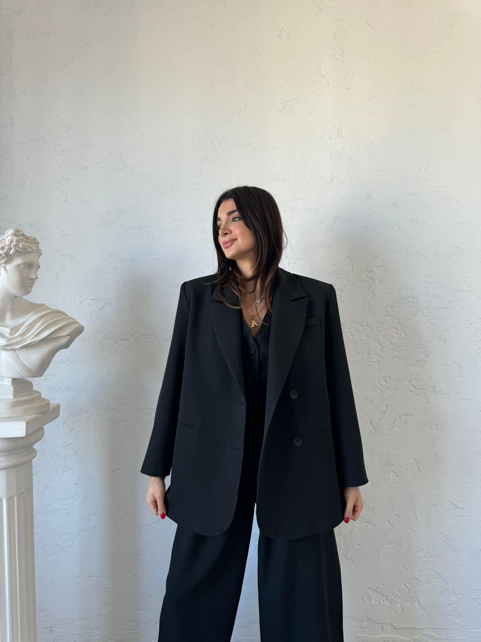 Siyah Cep Detaylı Lona Blazer Ceket