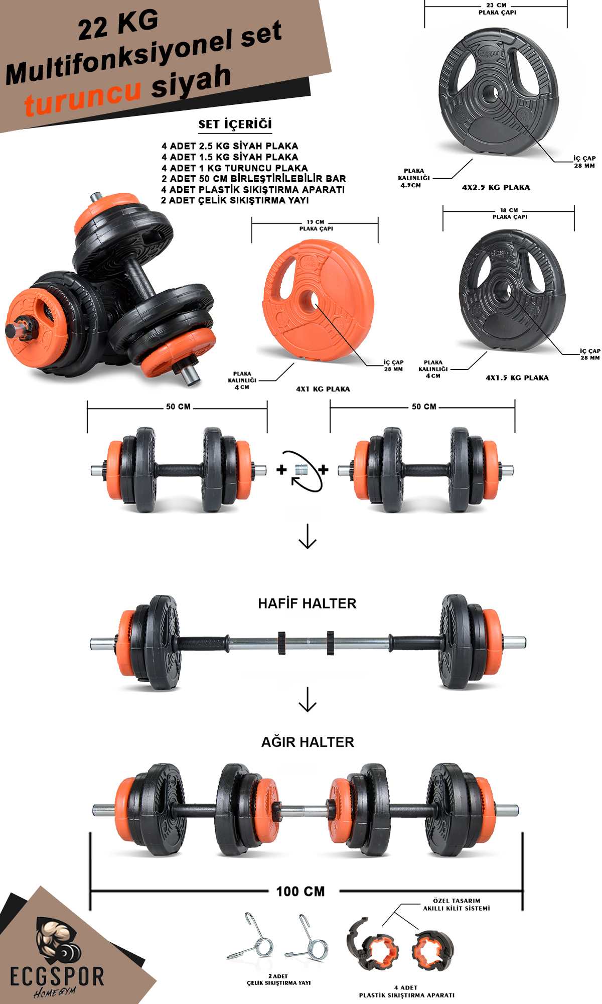 Ecgspor YILDIZ Serisi 22 KG Multifonksiyonel Turuncu Siyah Halter