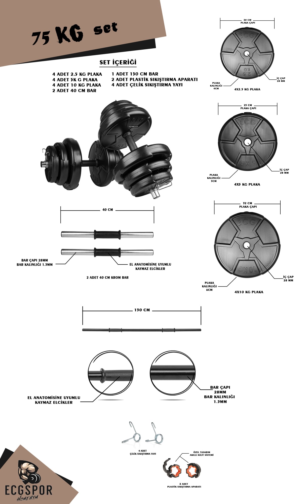 HERO Serisi 75 Kg Halter Seti ve Dambıl Seti | ECGSPOR