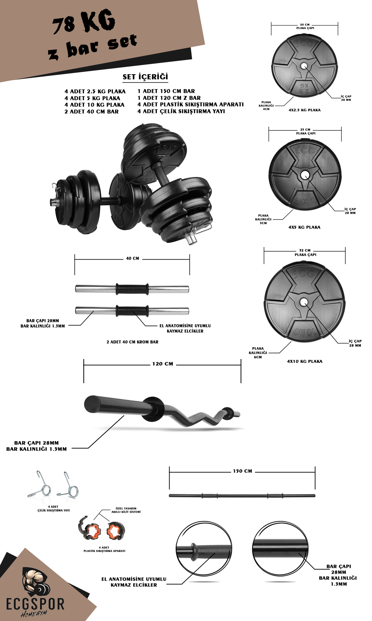 HERO Serisi 78 Kg Z Bar Halter Seti ve Dambıl Seti | ECGSPOR