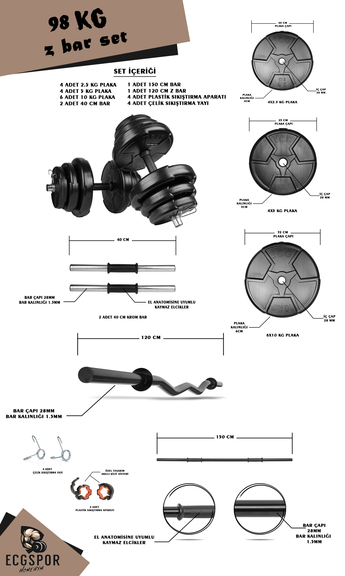 Ecgspor HERO Serisi 98 Kg Z Bar Halter Seti ve Dambıl Seti Ağırlık