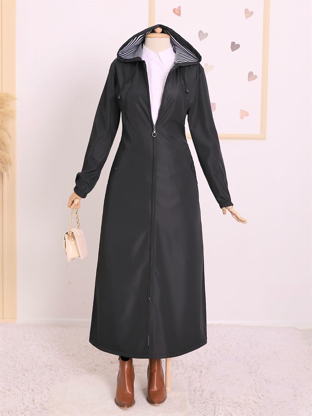 Çift Cepli Kapşonlu Fermuarlı Uzun Trençkot -Siyah - 197-1204-R01 | Organic  Time Marka Kapşonlu Trençkot Modelleri | Kadın Tesettür Giyim -  KaliteMall.com