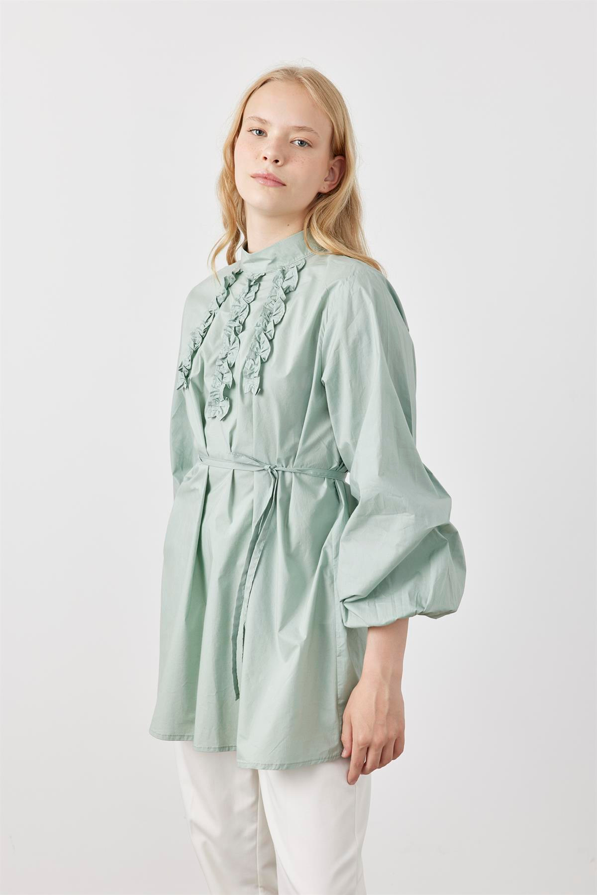 İnce Farbalalı Kadın Tunik Gömlek Çağla Yeşili - FAHHAR