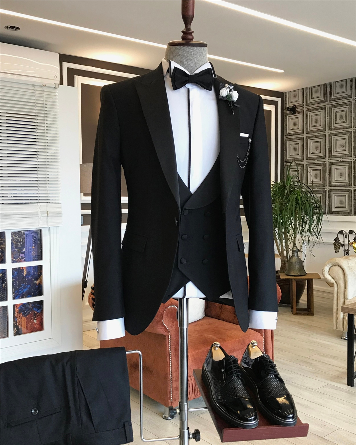 İtalyan kesim ceket yelek pantolon damatlık set düz kumaş Siyah T5895 · 7