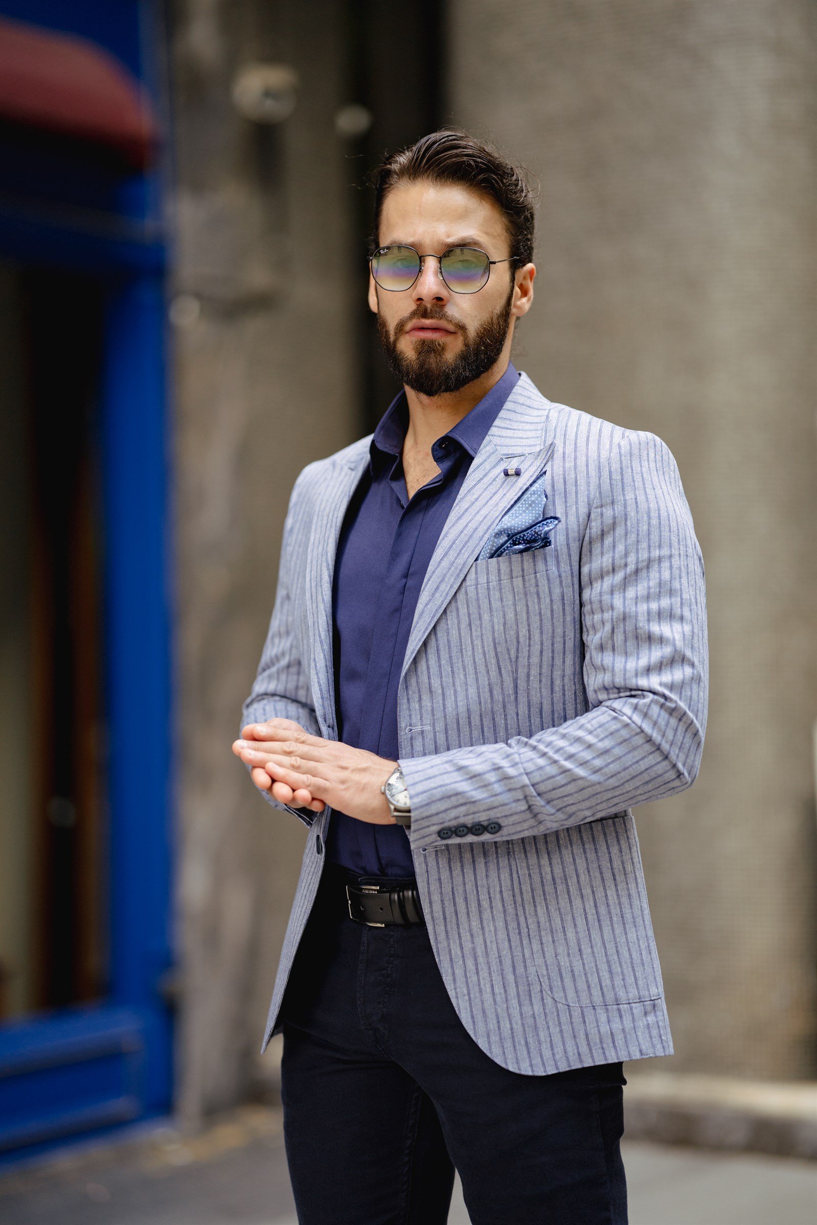 İtalyan stil blazer erkek tek ceket Saks T7717