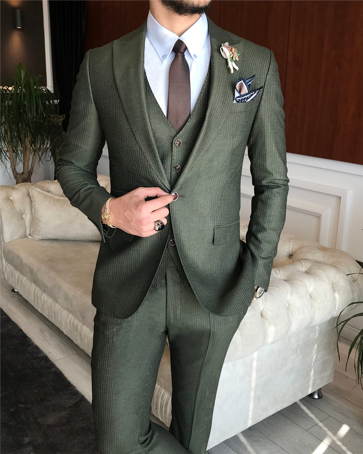 İtalyan stil  ceket yelek pantolon takım elbise yeşil T6265 · 6