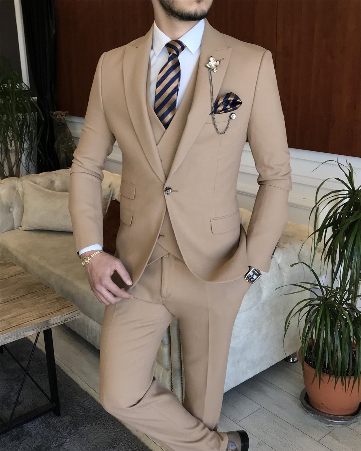 İtalyan stil ceket yelek pantolon takım elbise Açık Camel T5280 · 6