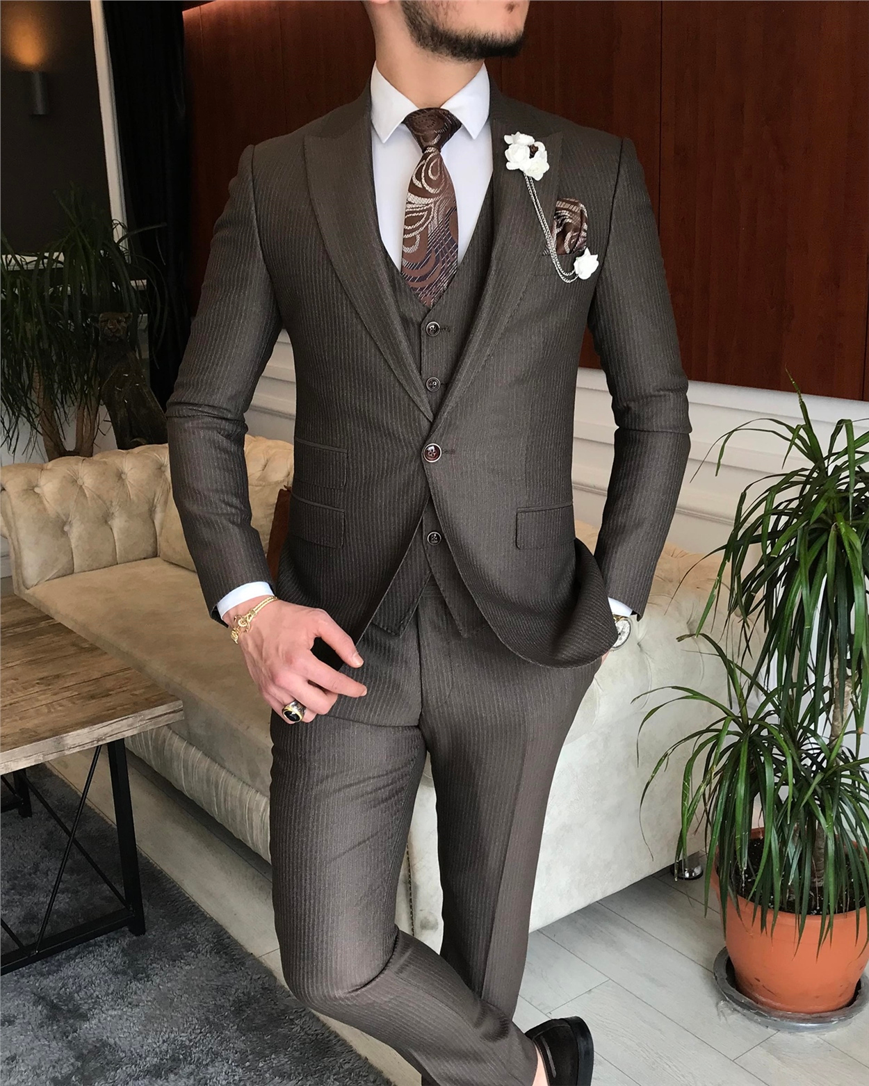 İtalyan stil  ceket yelek pantolon takım elbise kahverengi T6261 · 7