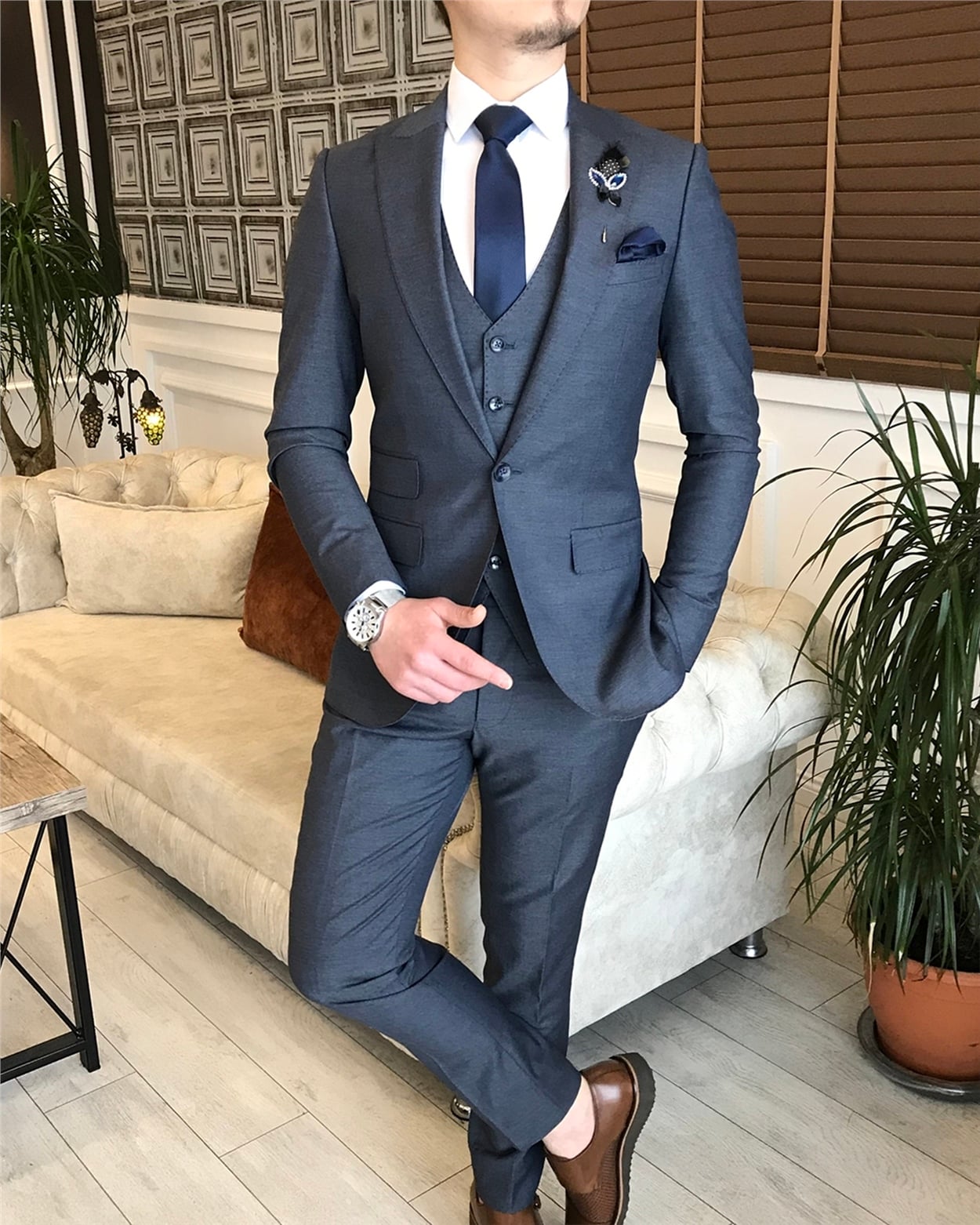 İtalyan stil  ceket yelek pantolon takım elbise Açık Lacivert T5576 · 8