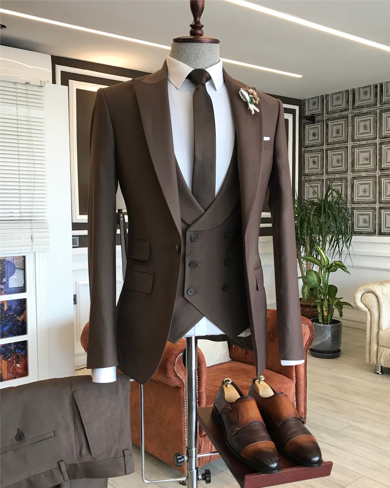 İtalyan stil ceket yelek pantolon takım elbise Kahve T4541 · 6