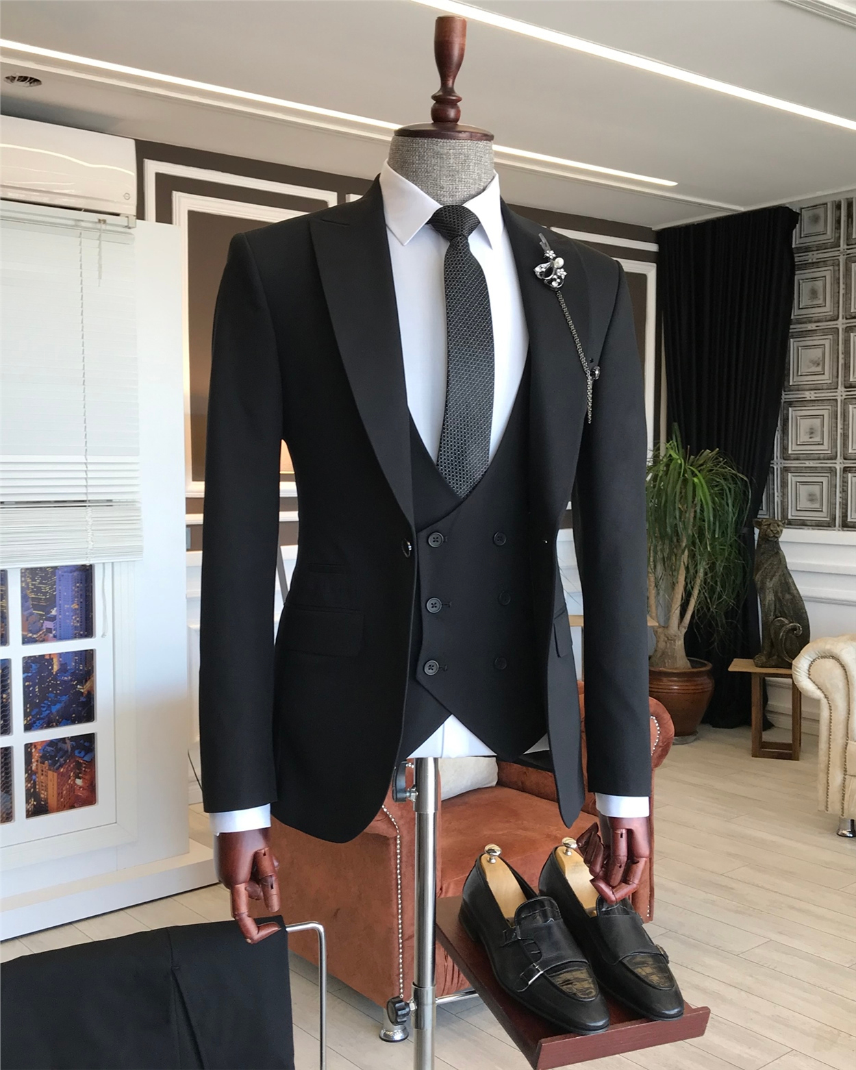 İtalyan stil erkek ceket yelek pantolon takım elbise siyah T6098 · 10