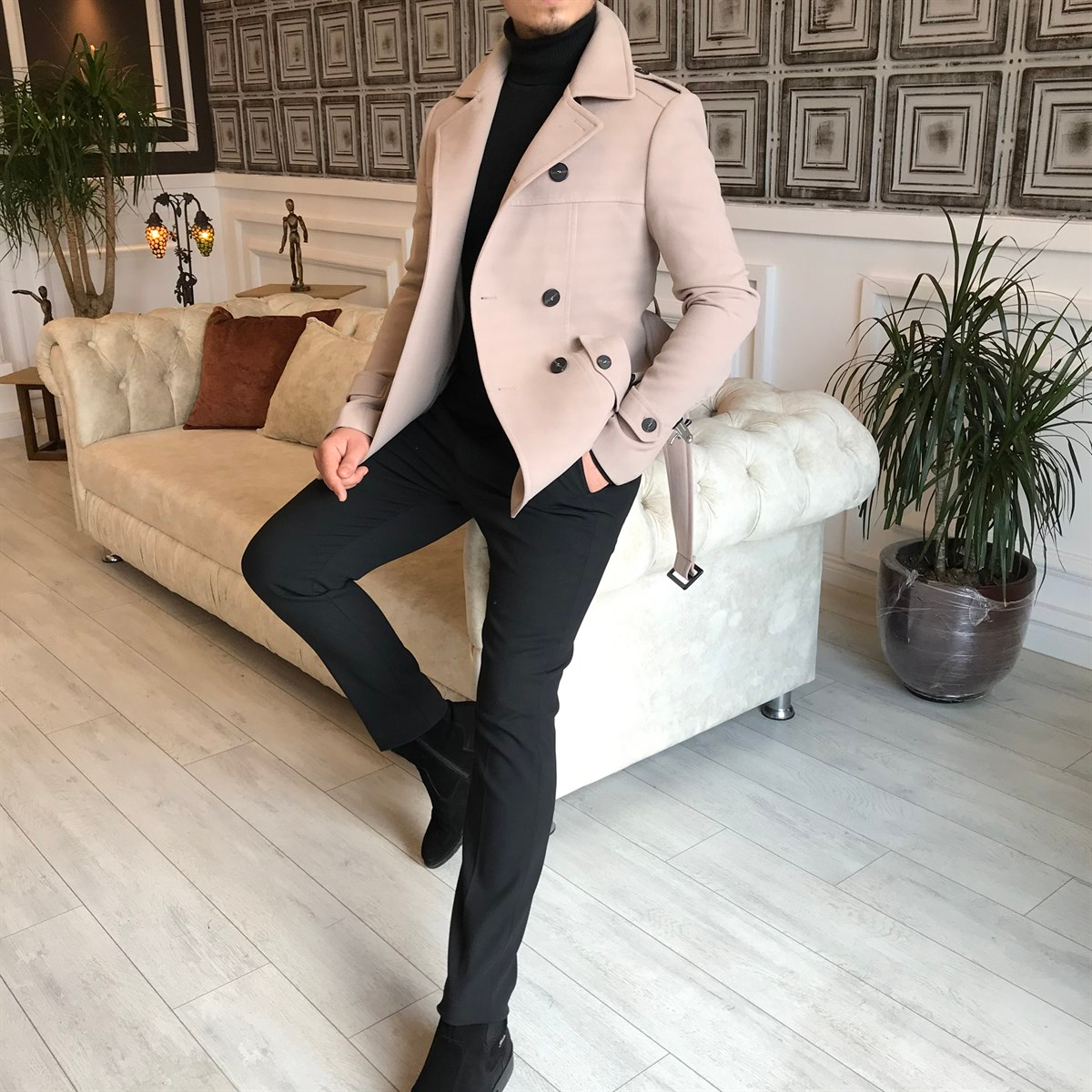 İtalyan stil erkek kısa kaşe trençkot mont kaban Bej T4384 · 11