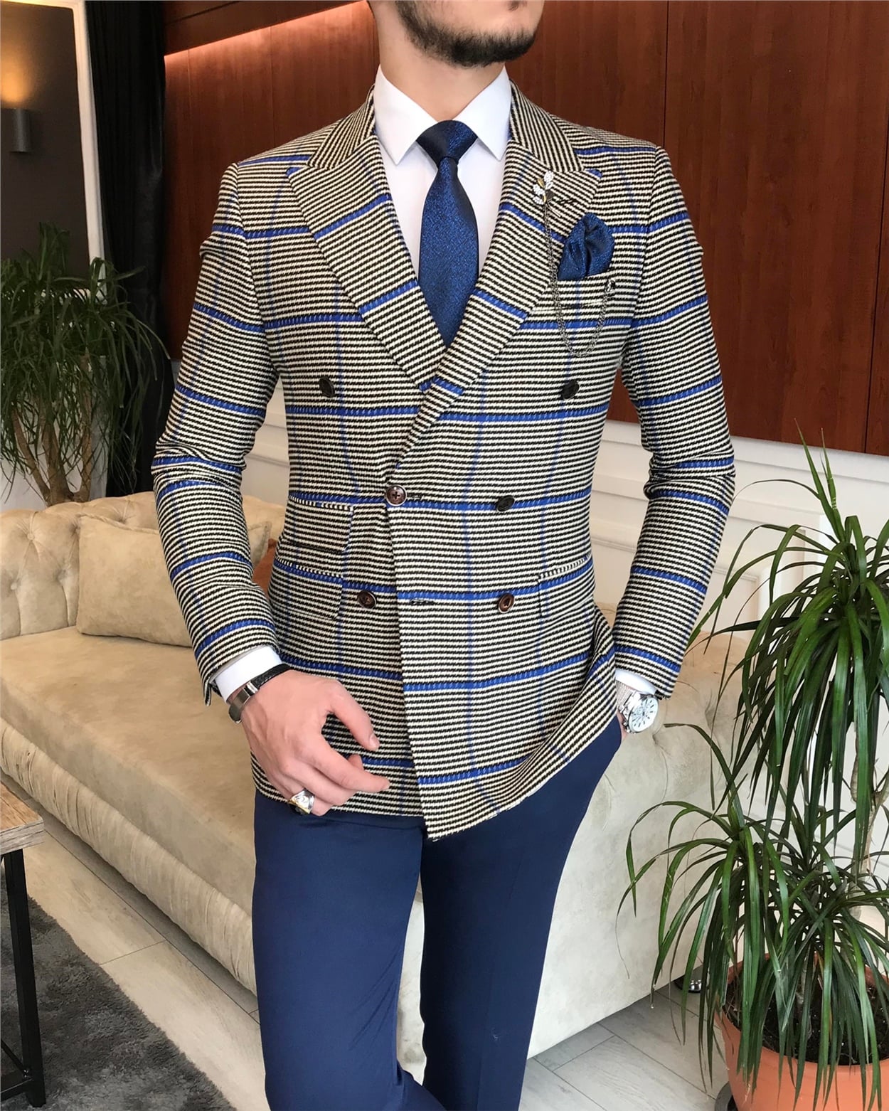 İtalyan stil erkek slim fit kruvaze kışlık tek ceket çok renkli T6674 · 6