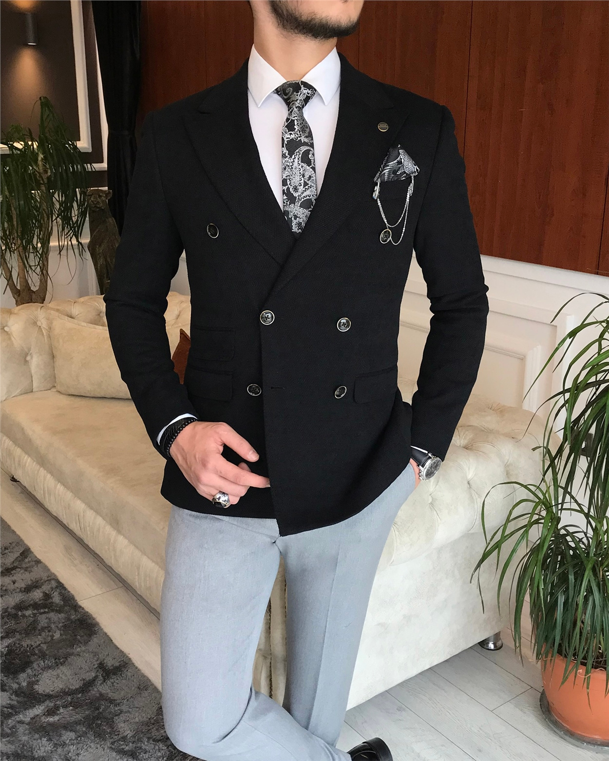 İtalyan stil erkek slim fit kruvaze tek ceket siyah T6451 · 9