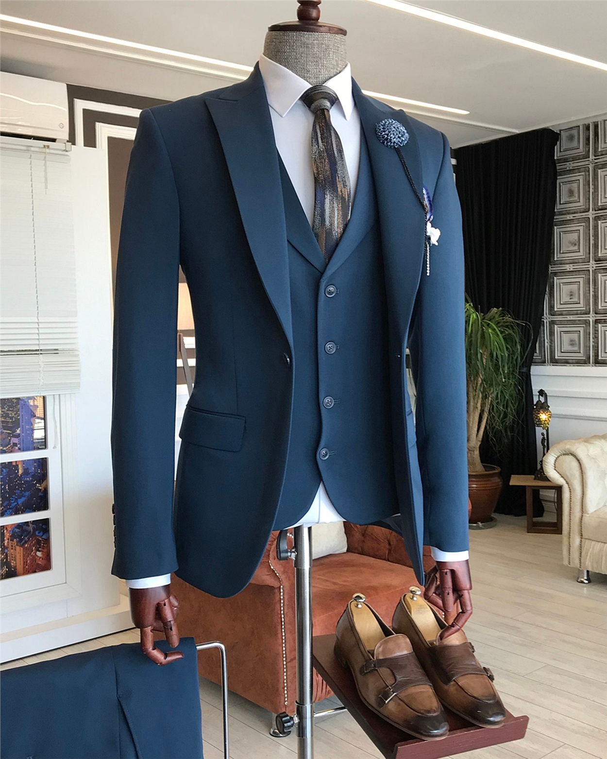 İtalyan stil slim ceket yelek pantolon takım elbise petrol T6130 · 9