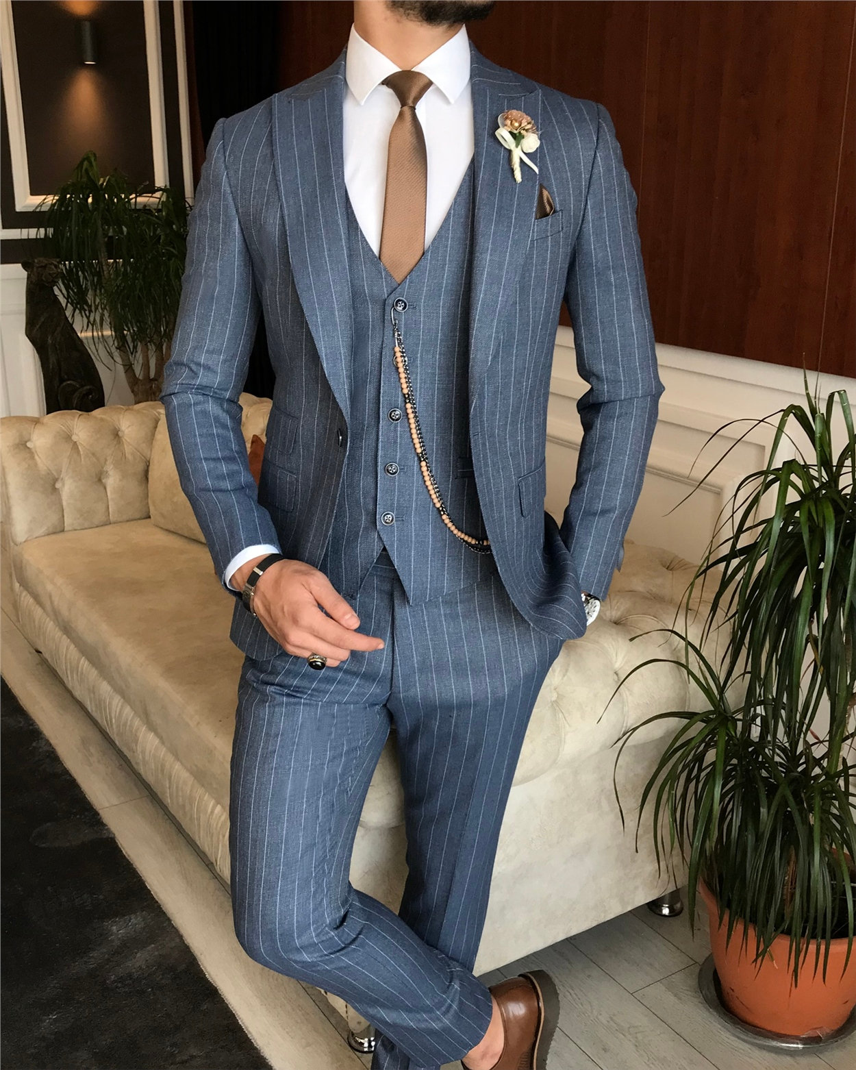 İtalyan stil slim ceket yelek pantolon takım elbise mavi T6234 · 17