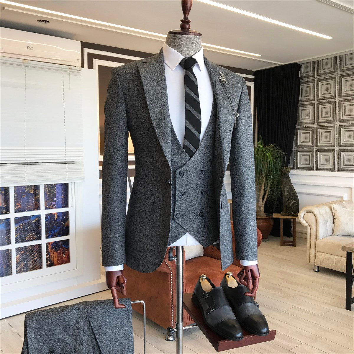 İtalyan stil slim ceket yelek pantolon takım elbise Siyah T6151 · 8