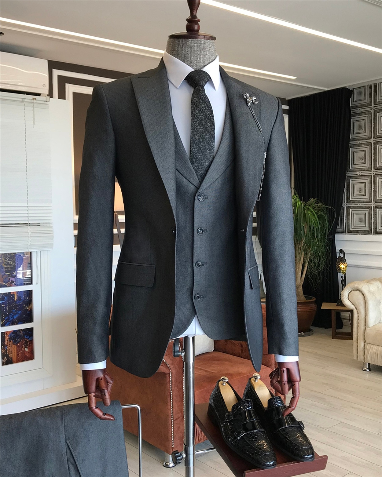 İtalyan stil slim ceket yelek pantolon takım elbise siyah T6127 · 5