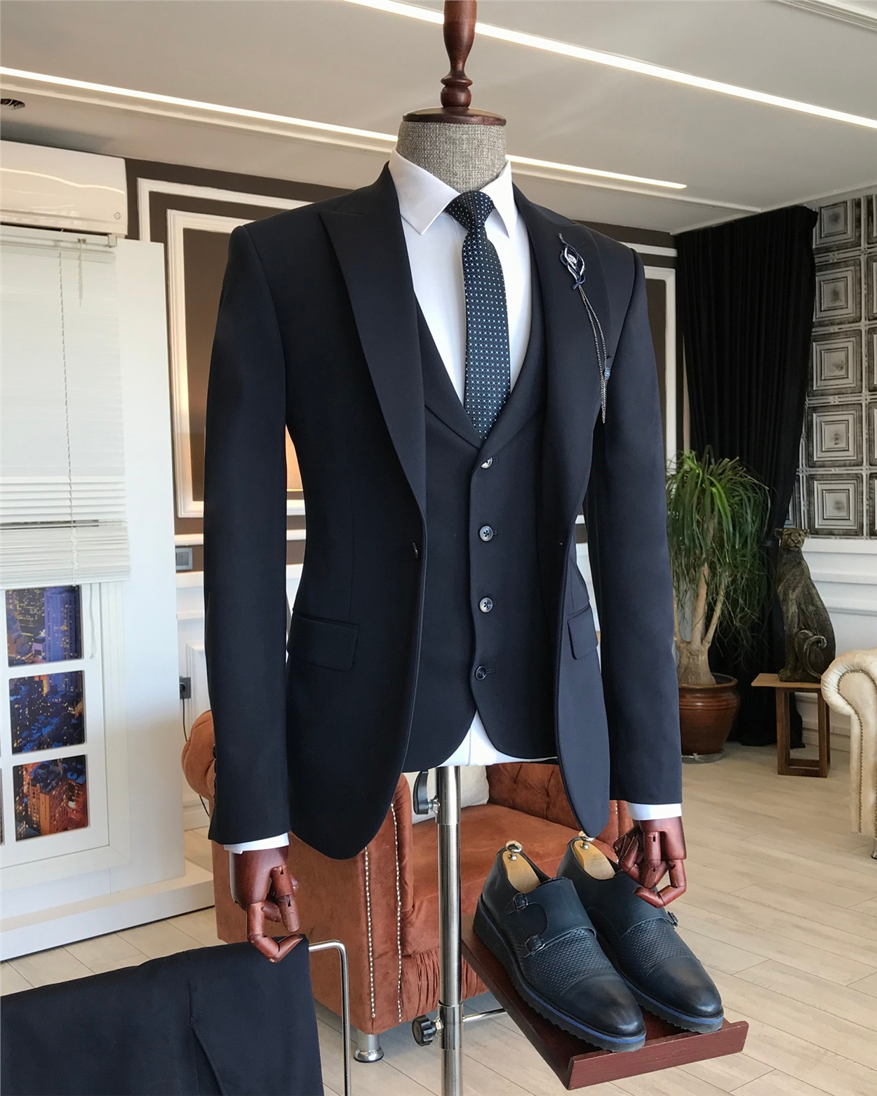 İtalyan stil slim ceket yelek pantolon takım elbise koyu lacivert T6123 · 4