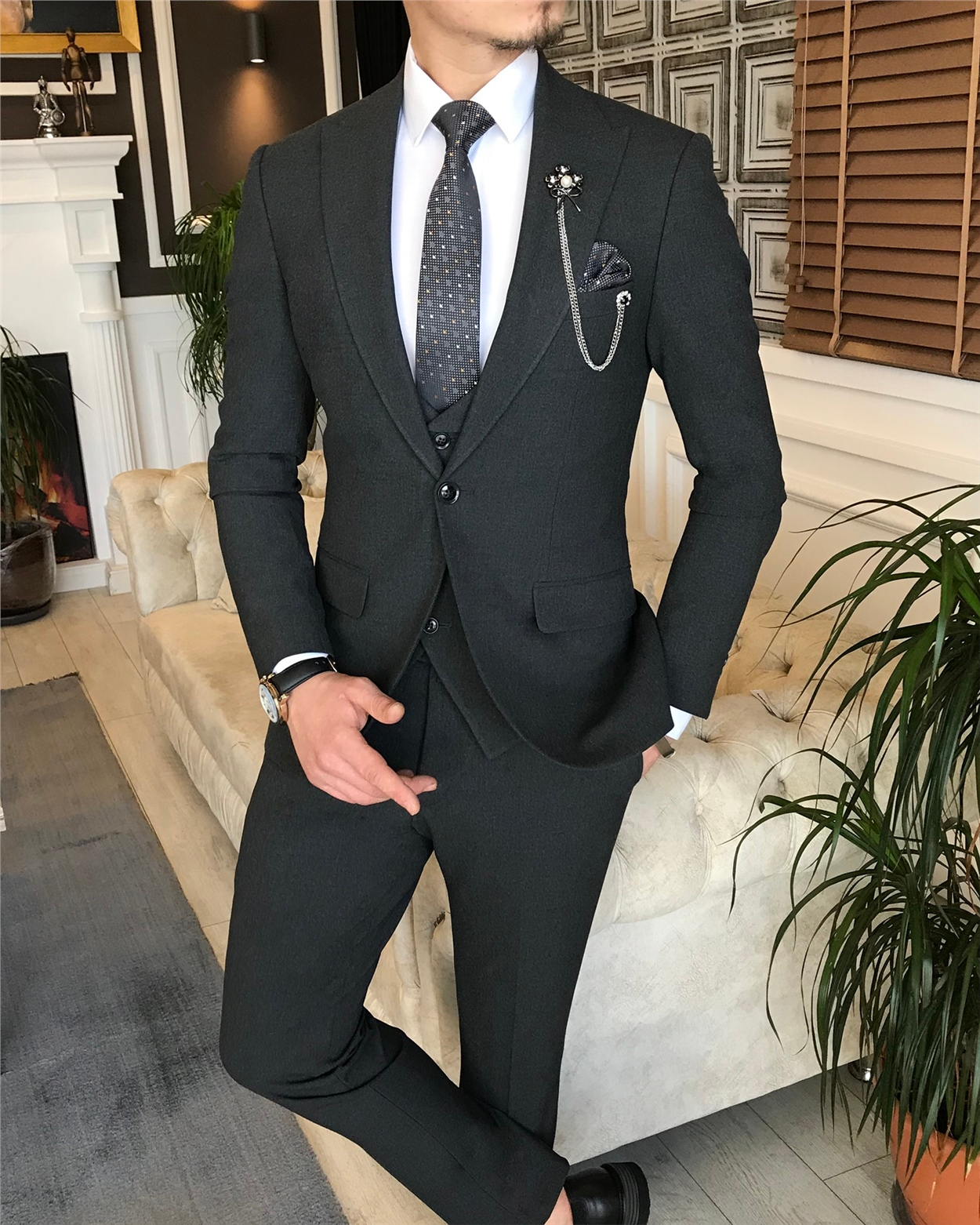 İtalyan stil slim ceket yelek pantolon takım elbise antrasit T6120 · 4